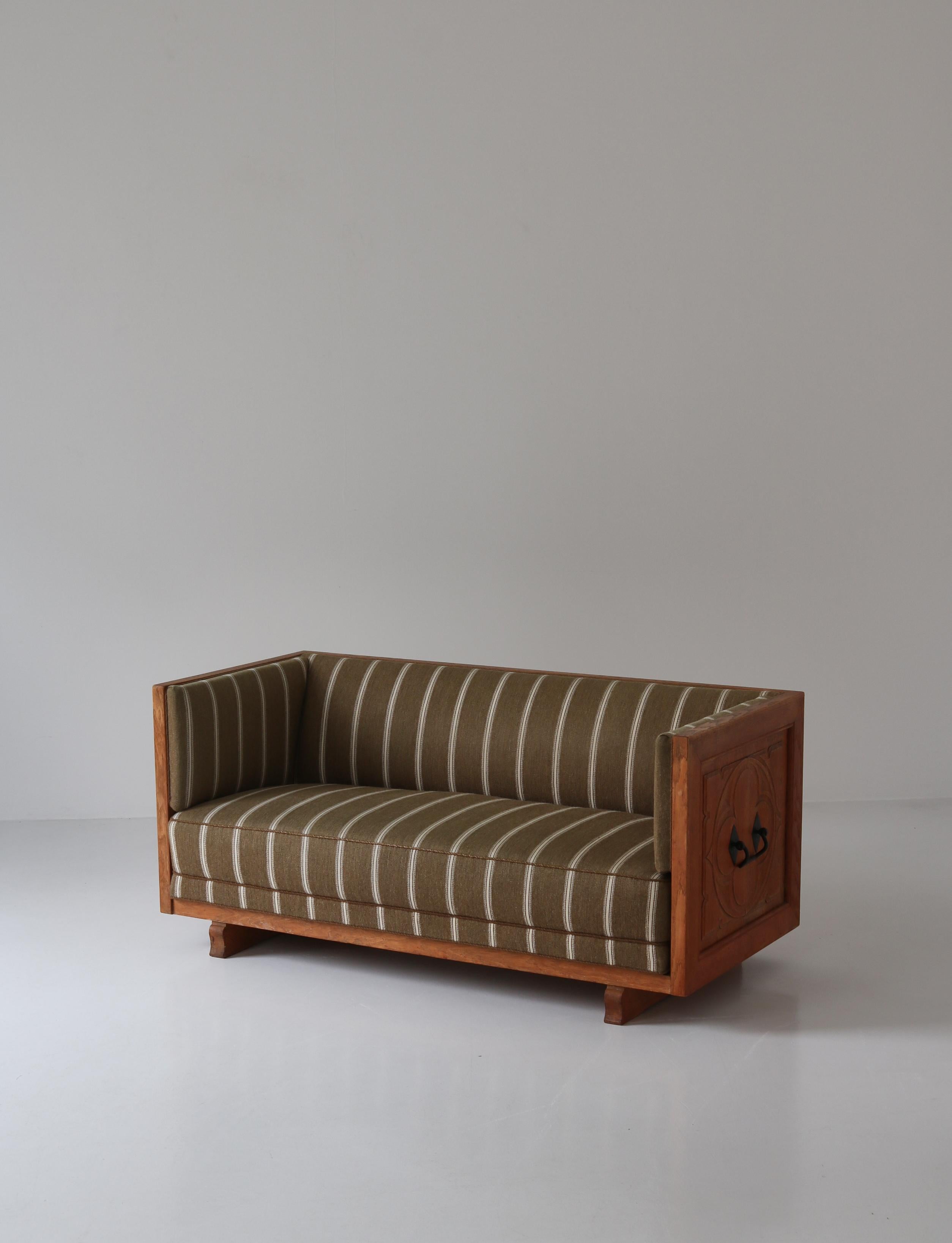Scandinavian Modern Henning Kjærnulf Sofa in Solid Oak, Wrougt Iron & Savak Wool, Denmark, 1960s