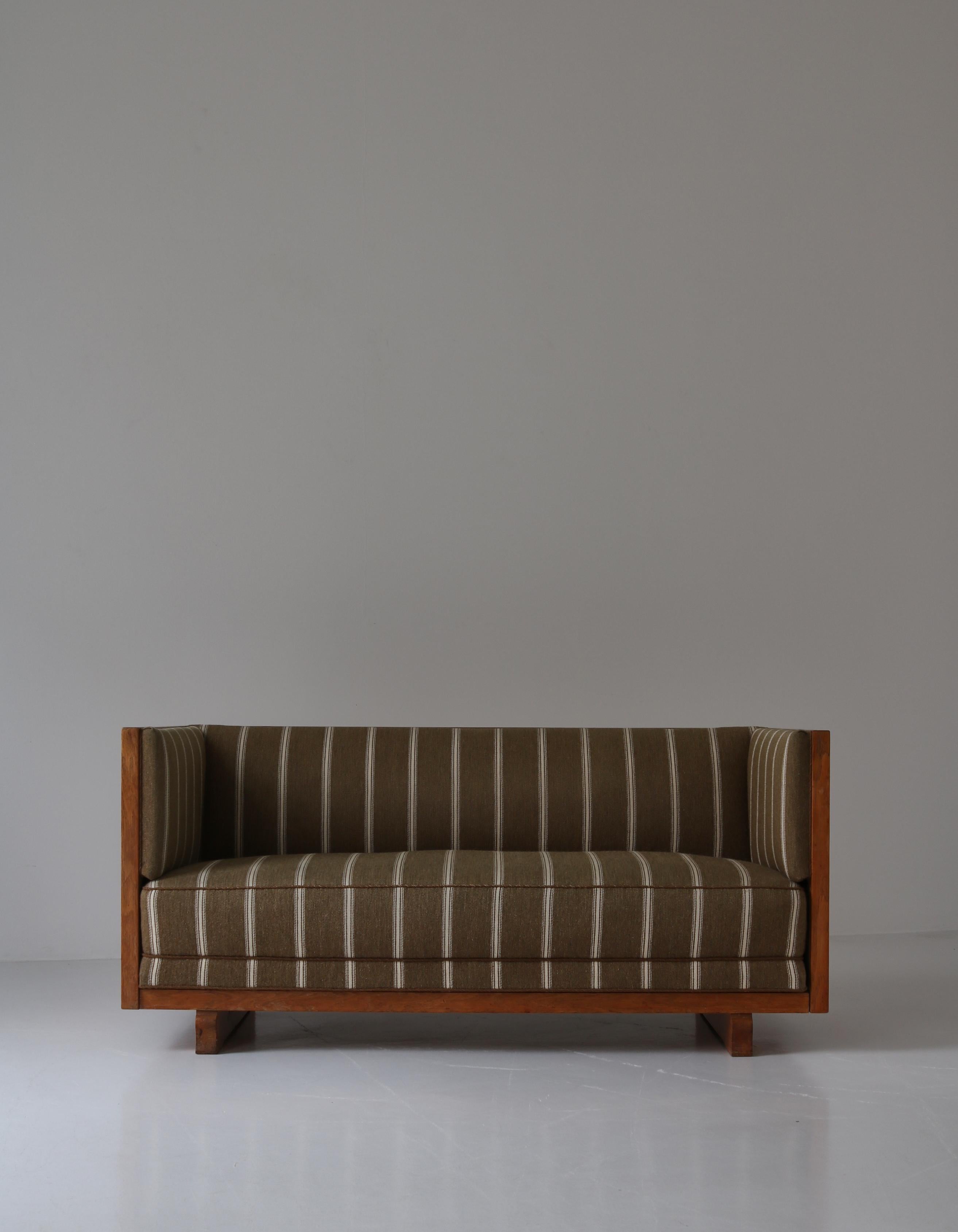 Mid-20th Century Henning Kjærnulf Sofa in Solid Oak, Wrougt Iron & Savak Wool, Denmark, 1960s