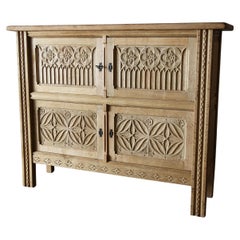 Henning Kjaernulf Solid Oak Tall Credenza Carved Relief Front Danish Modern