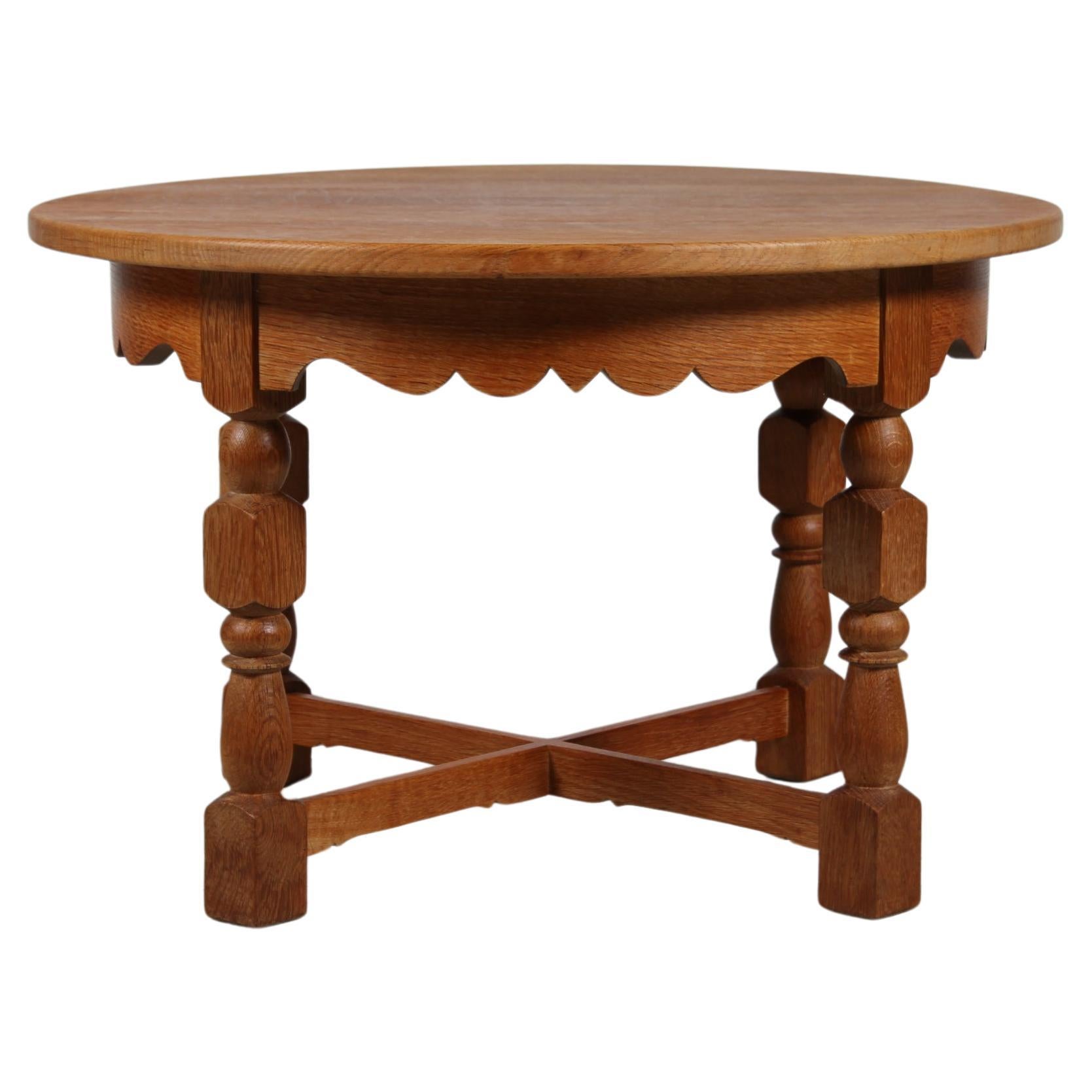 Henning  Kjærnulf Style Brutalist Round Coffee Table of Solid Oak 1950s For Sale