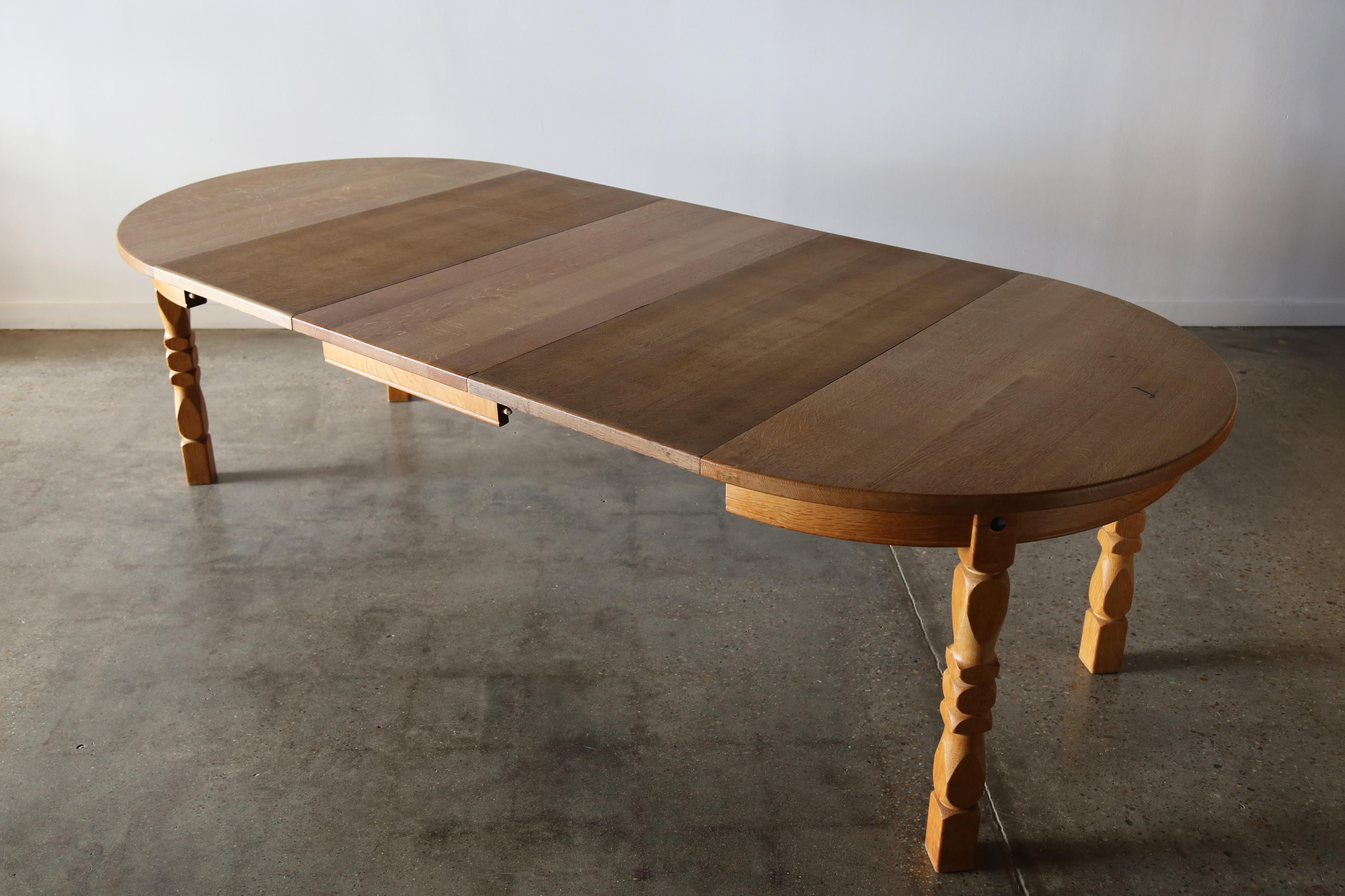 Mid-Century Modern Henning Kjaernulf Style Solid Oak 1970s Dining Table with 3 Leaves