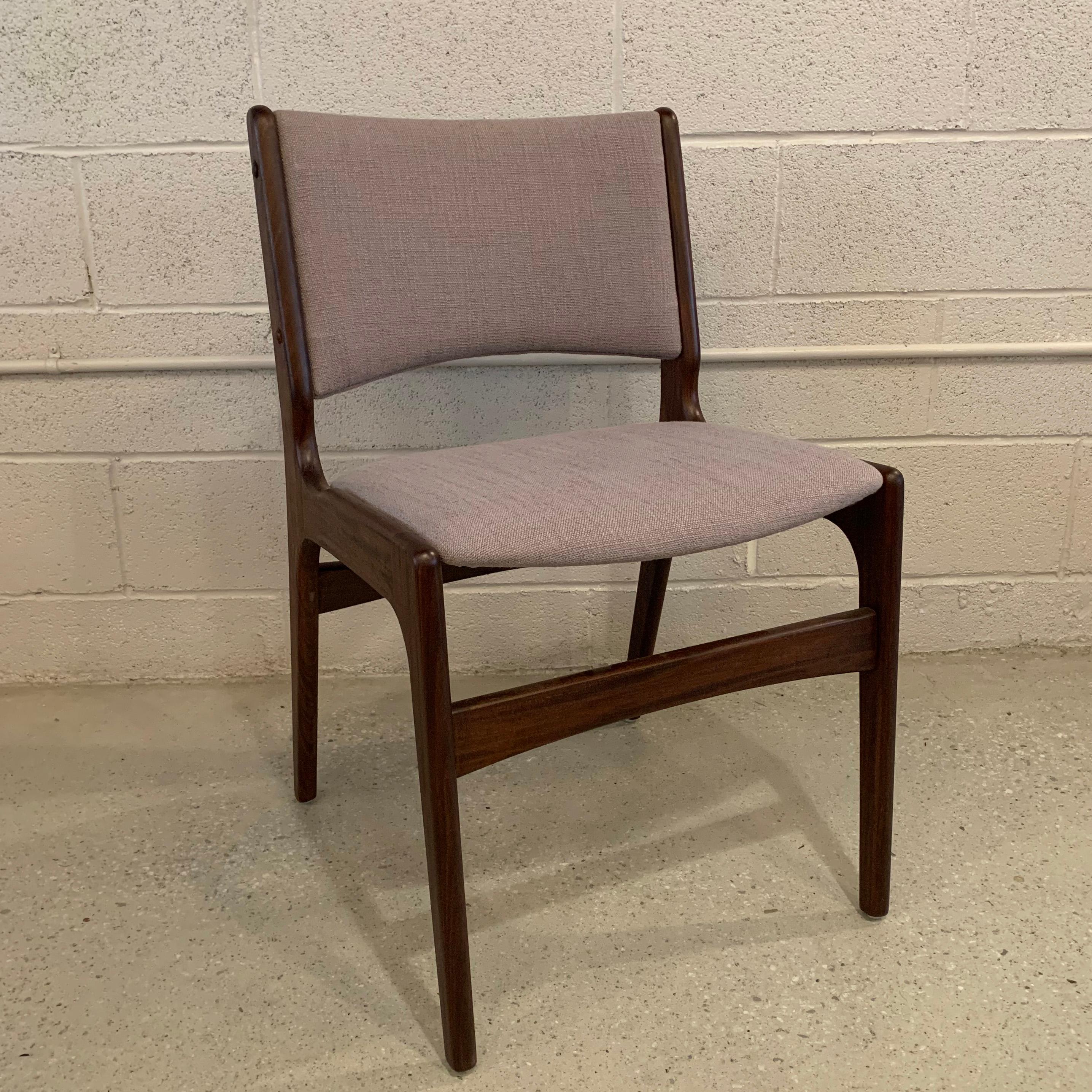 Scandinavian Modern, teak, dining or desk, side chair by Henning Kjaernulf is newly upholstered in gray woven cotton linen blend.