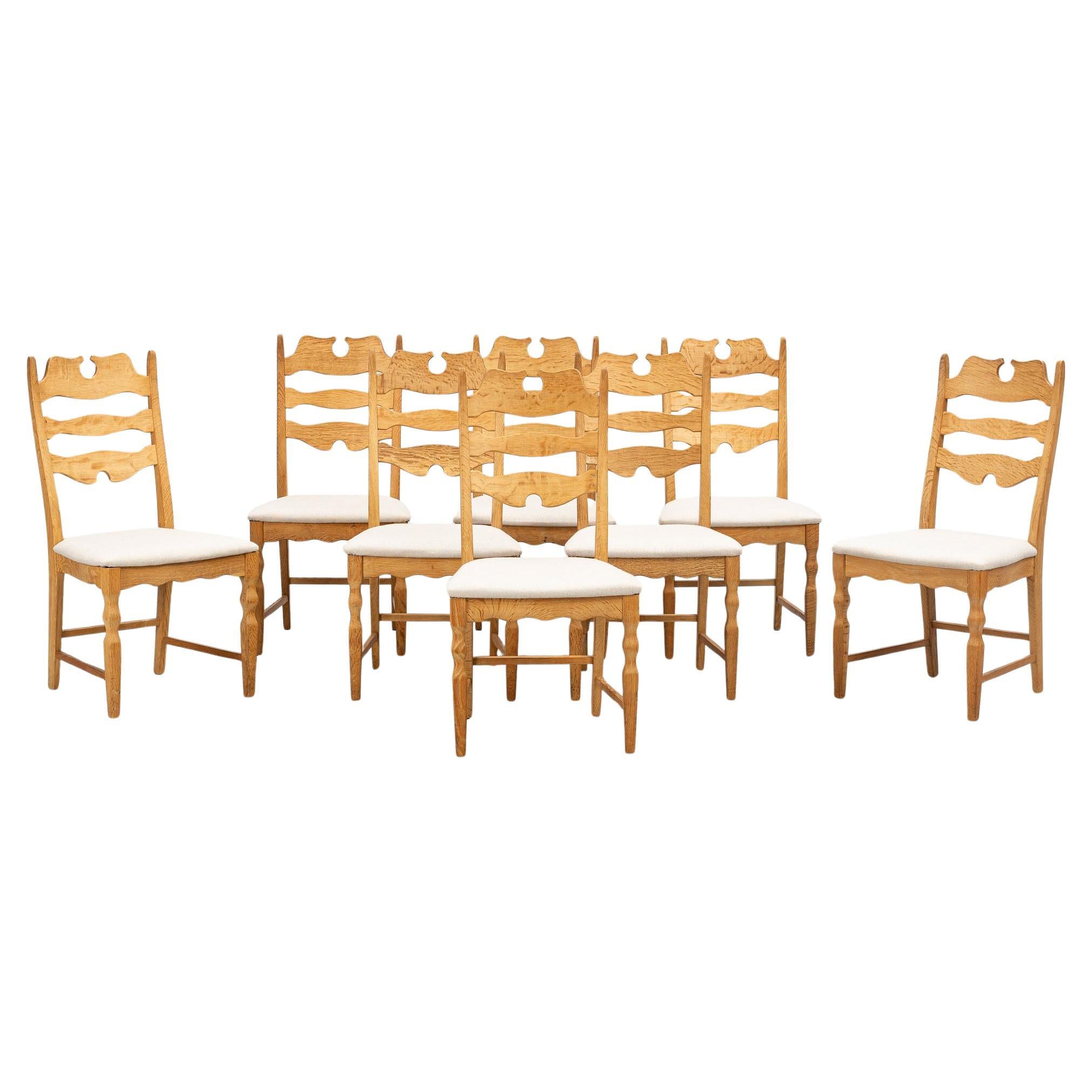 Henning Kjaernulf  "Razorblade" 8  Oak dining chairs Denmark 1960