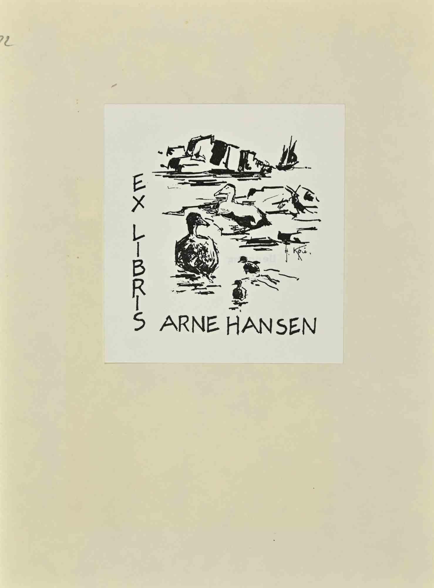 Ex Libris - Arne Hansen  ist ein modernes Kunstwerk aus der Mitte des 20. Jahrhunderts von Henning Koie.

Ex Libris. S/W-Holzschnitt auf Papier.  Signiert auf dem Schild auf der Rückseite.

Das Werk ist auf elfenbeinfarbenen Karton