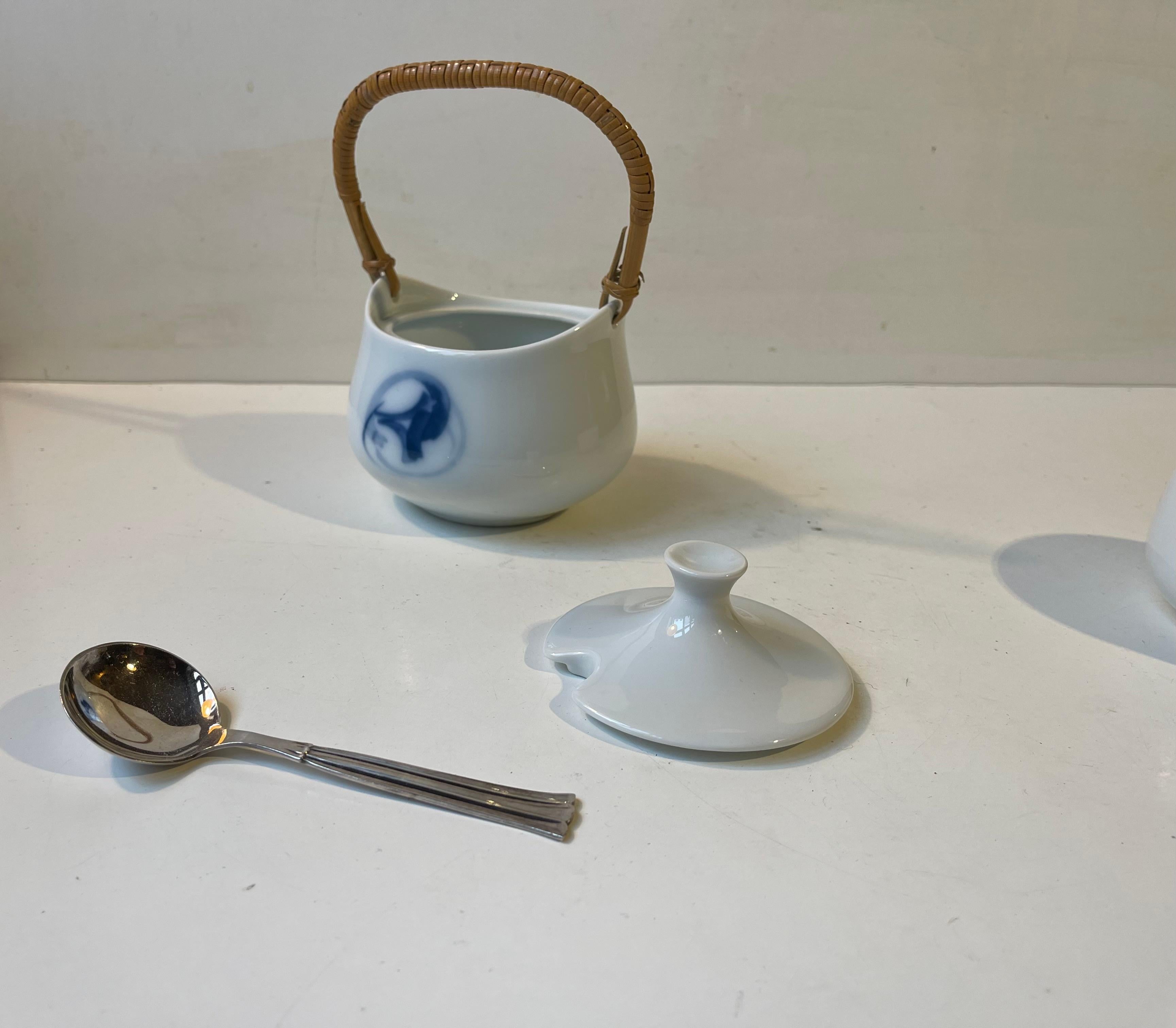 Danish Henning Koppel 'Blue' Marmelade & Sugar Bowl in Porcelain & Bamboo For Sale