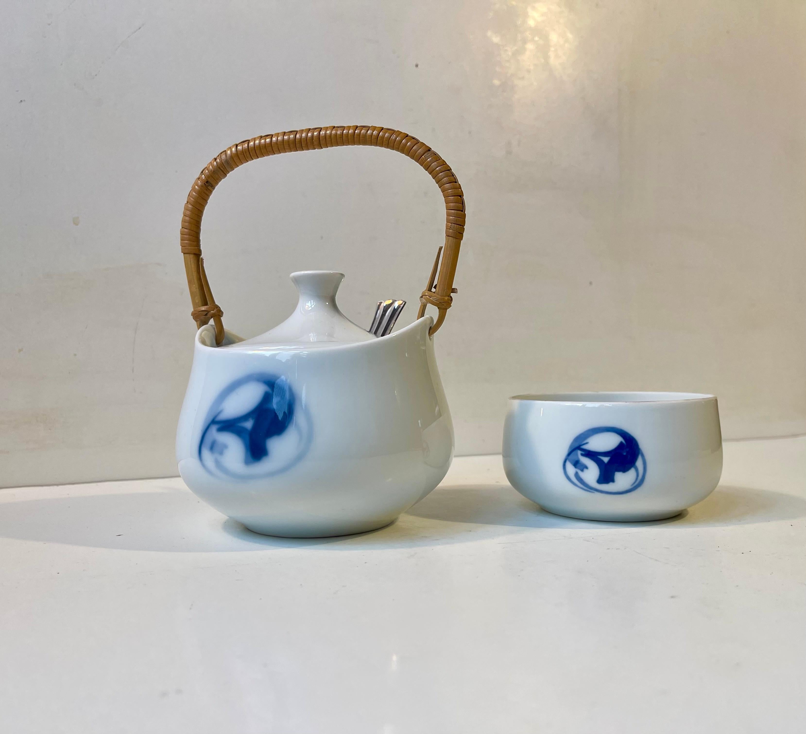 Glazed Henning Koppel 'Blue' Marmelade & Sugar Bowl in Porcelain & Bamboo For Sale