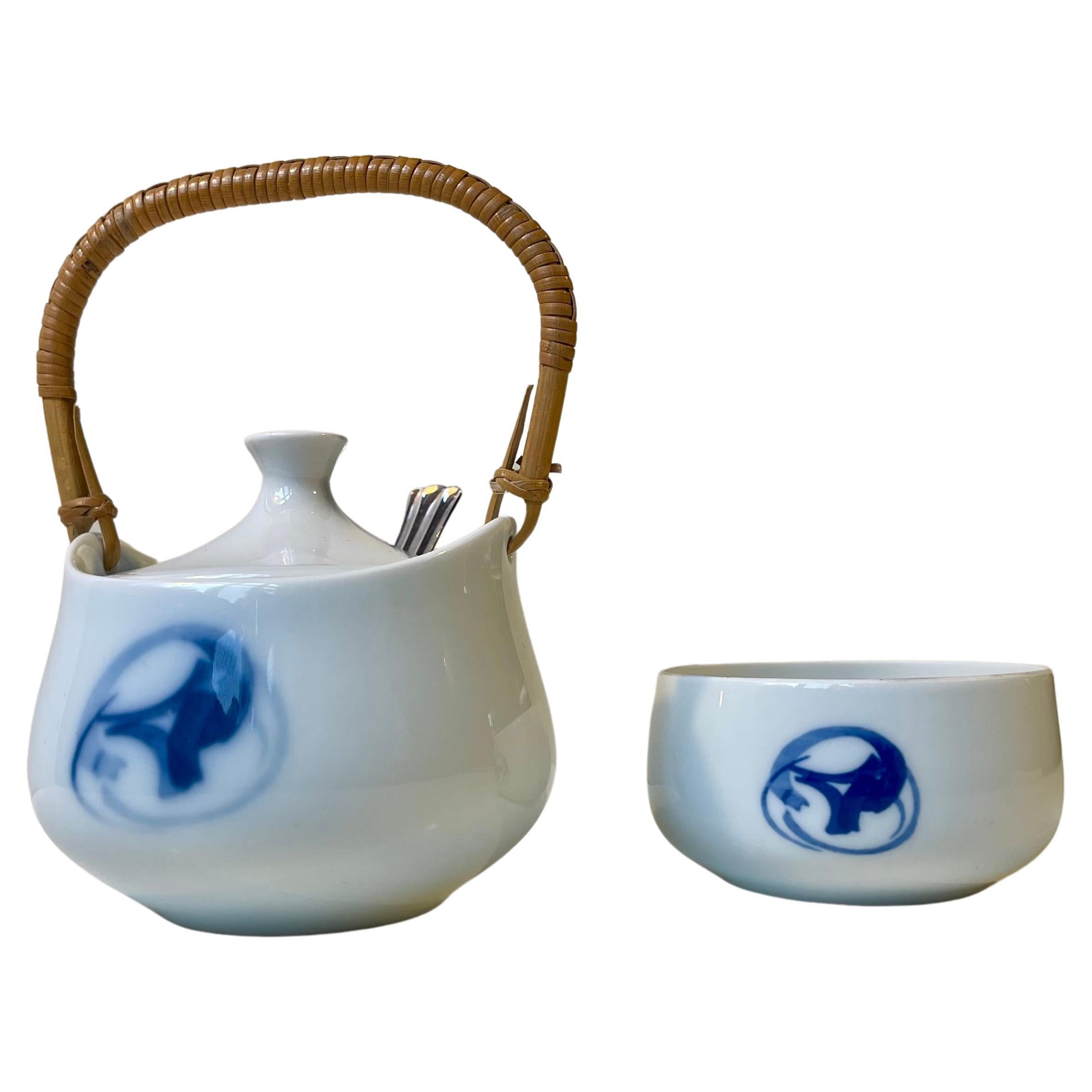 Henning Koppel 'Blue' Marmelade & Sugar Bowl in Porcelain & Bamboo For Sale