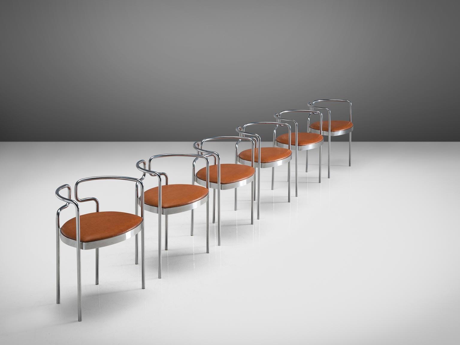 Danish Henning Larsen Set of Six Tubular Dining Chairs with Cognac Leather