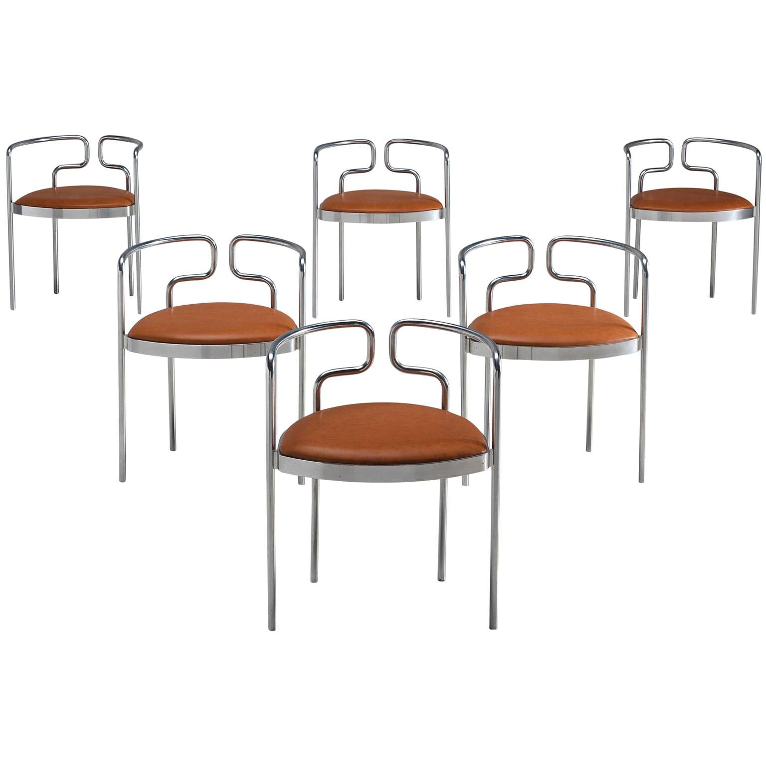 Henning Larsen Set of Six Tubular Dining Chairs with Cognac Leather