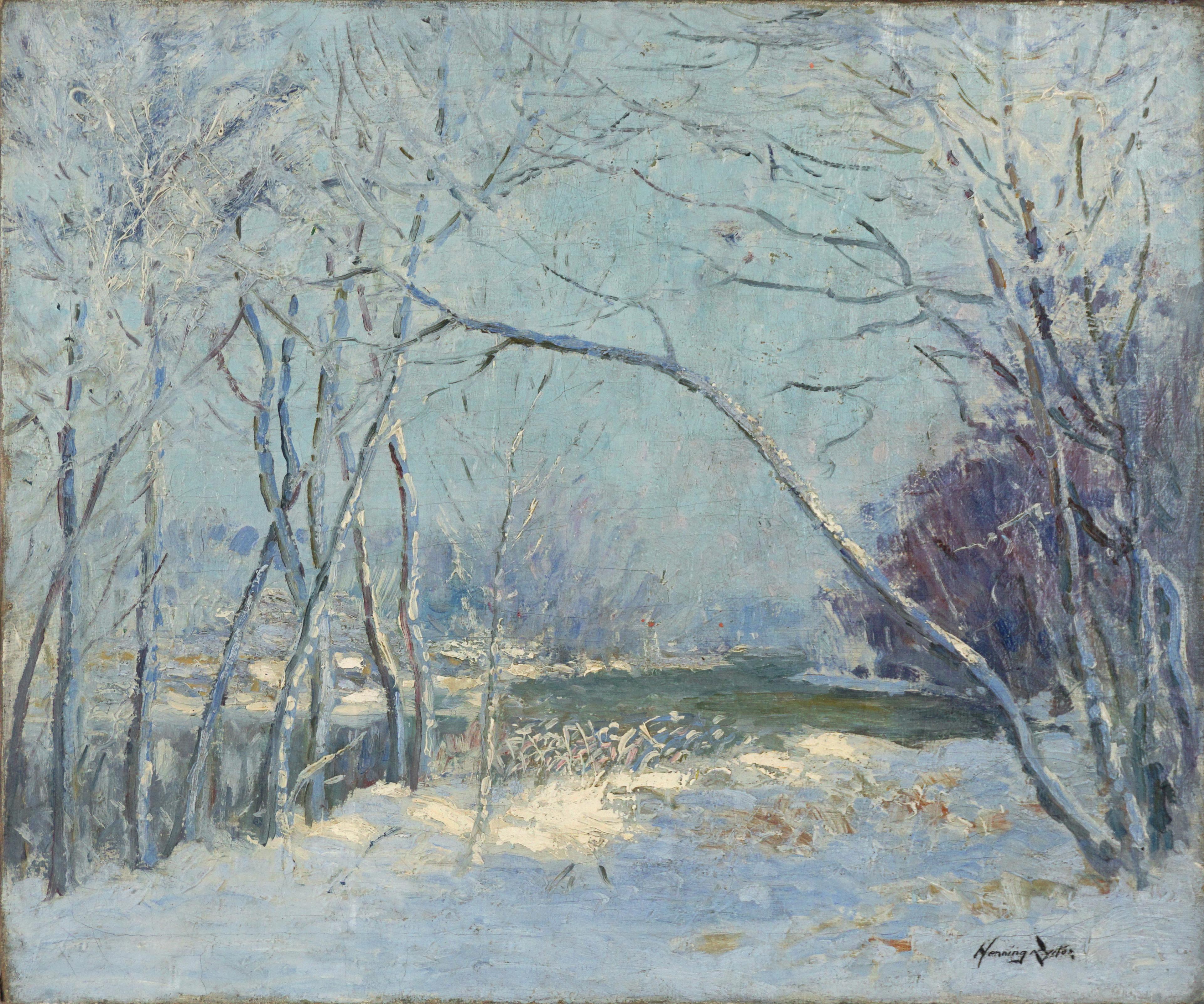 Paysage impressionniste américain du début du 20e siècle - Paysage de Chicago givré - Painting de Henning Ryden