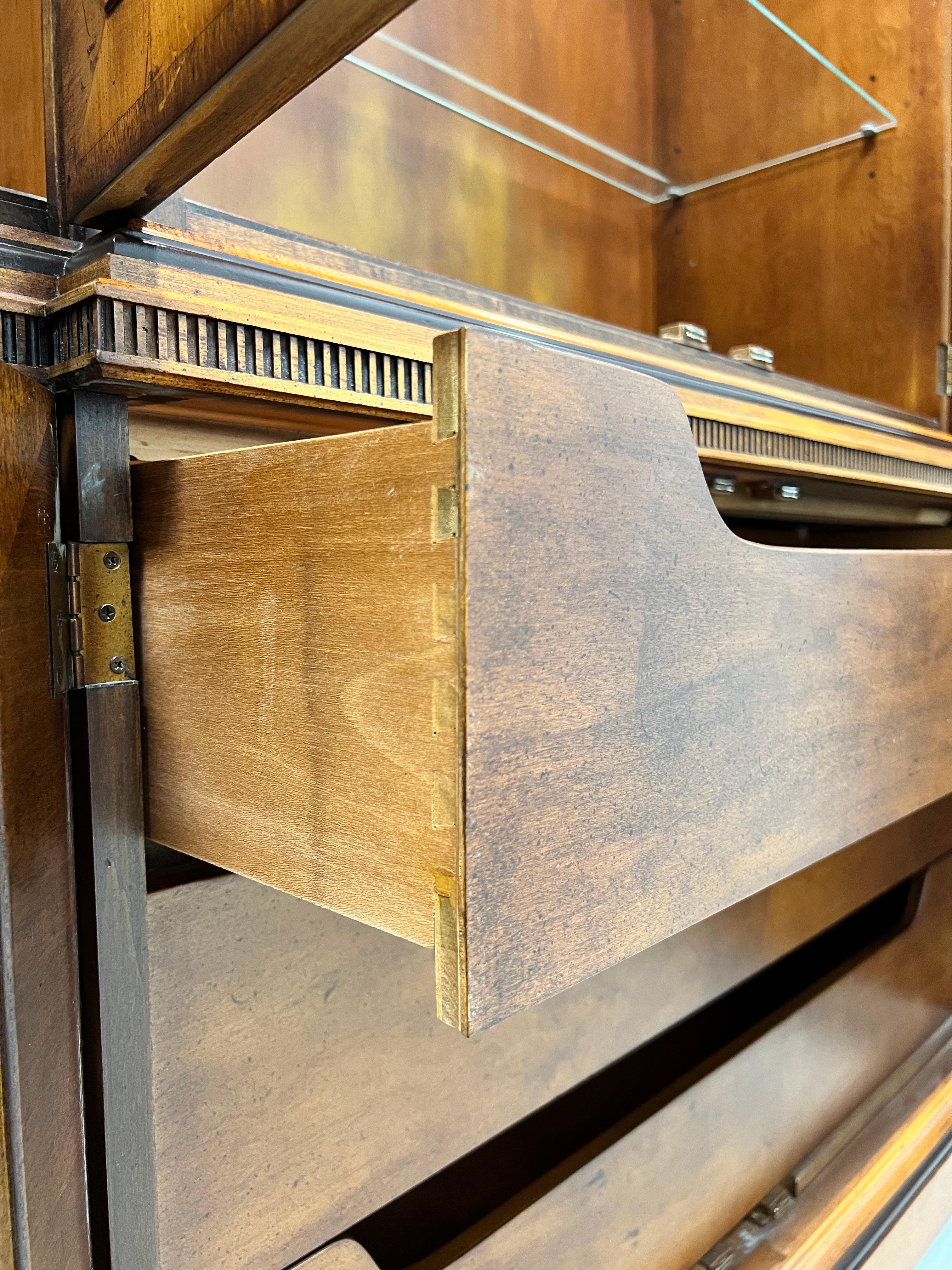 HENREDON 18th Century Portfolio Yew Wood Breakfront Bookcase China Cabinet For Sale 6