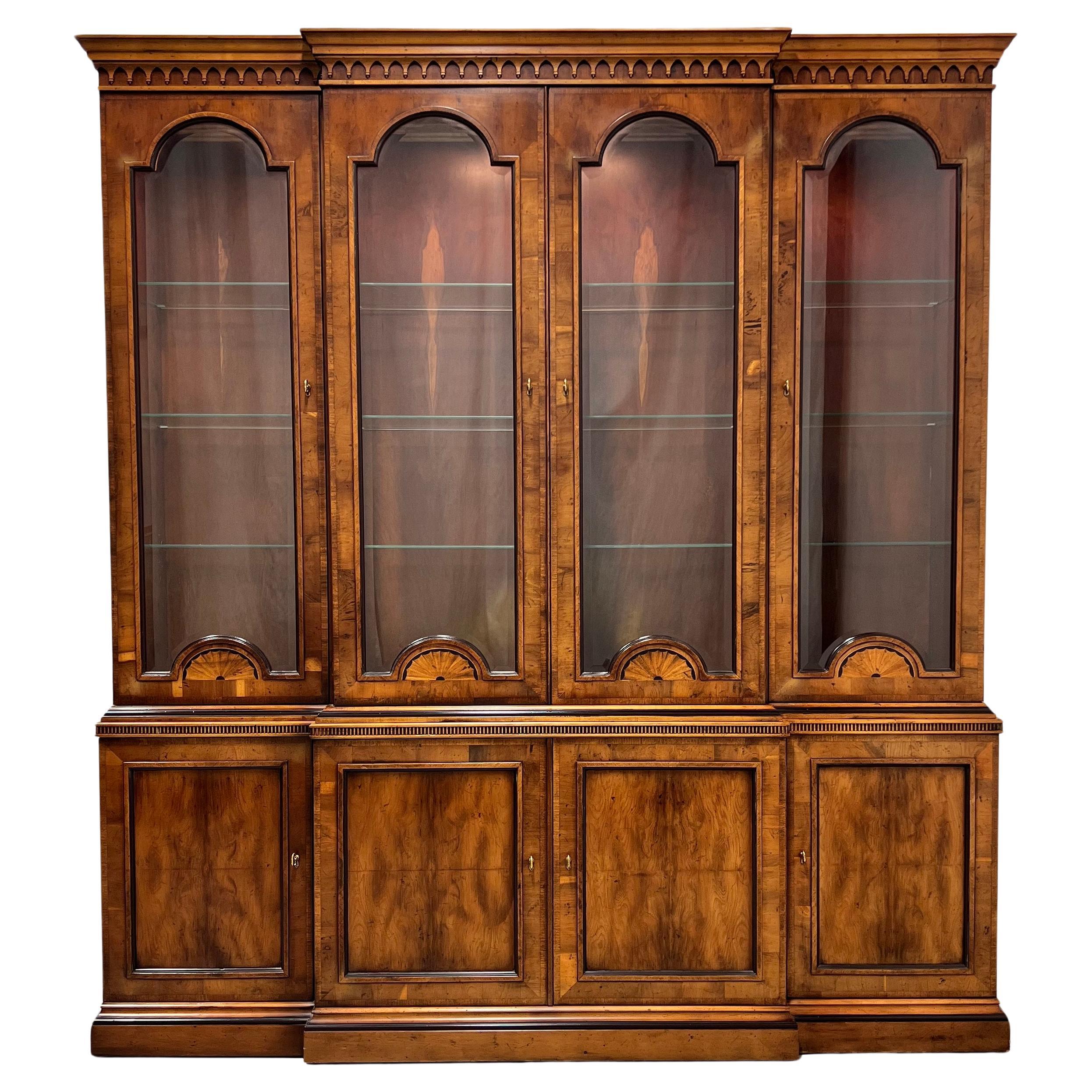 HENREDON 18th Century Portfolio Yew Wood Breakfront Bookcase China Cabinet For Sale
