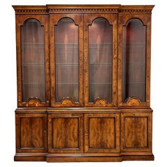 Retro HENREDON 18th Century Portfolio Yew Wood Breakfront Bookcase China Cabinet