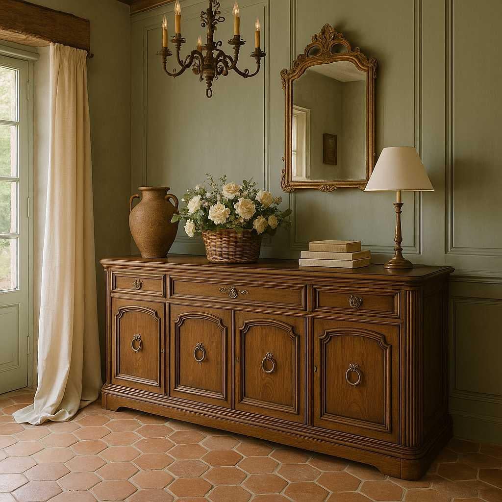 An elegant traditional credenza by Henredon, crafted in rich walnut wood. This sophisticated piece features intricate detailing, three upper drawers, and four cabinet doors adorned with decorative brass ring pulls, revealing adjustable shelving