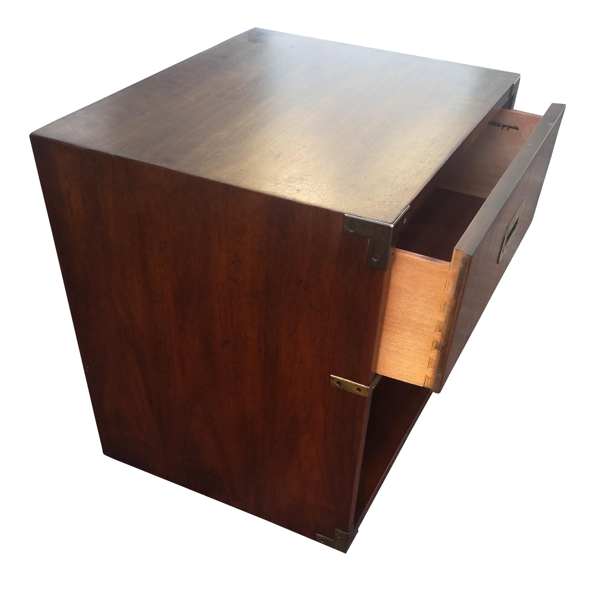 20th Century Henredon Campaign Style Walnut Nightstand For Sale