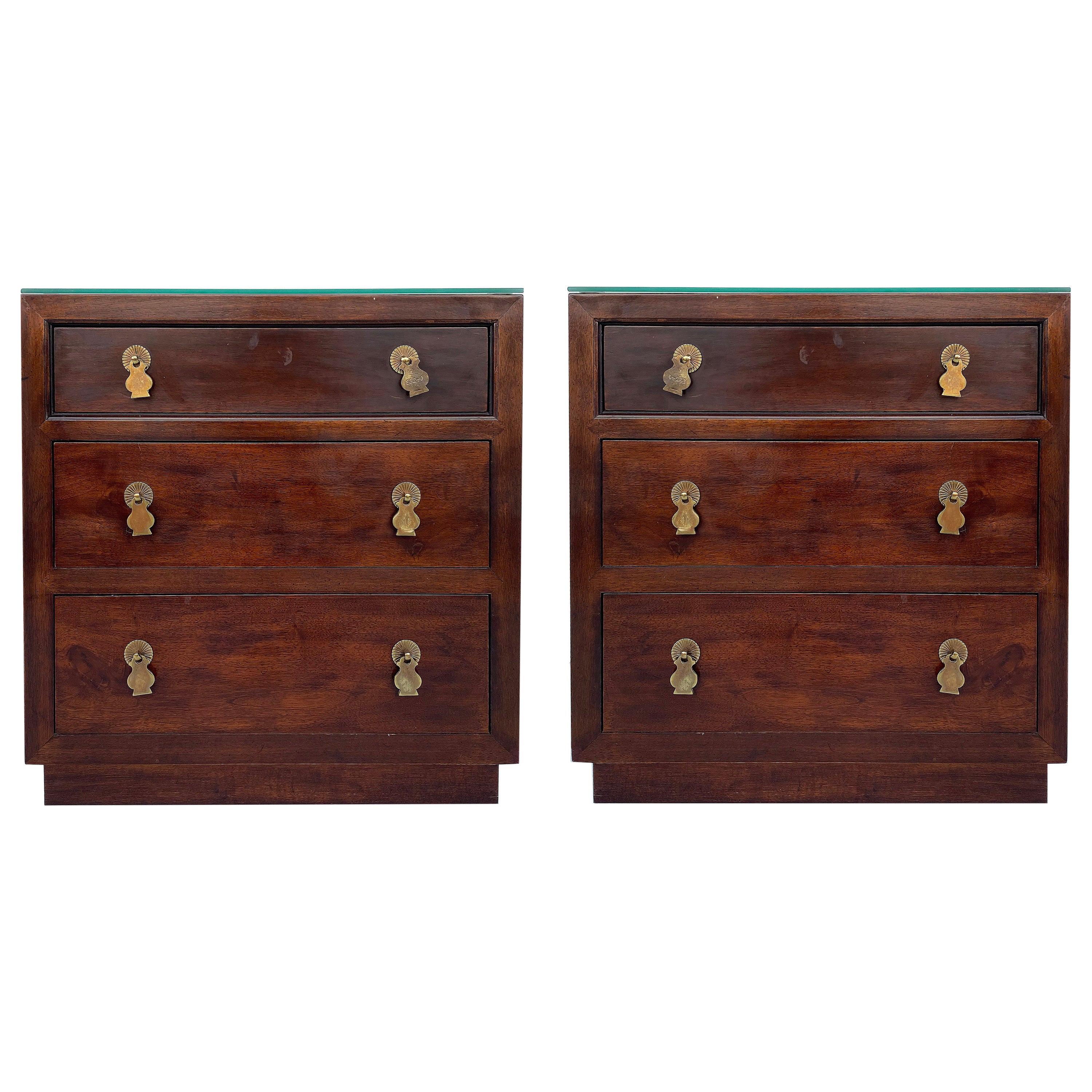 Henredon 3 Drawer Chests Nightstands with Brass Hardware, Pair
