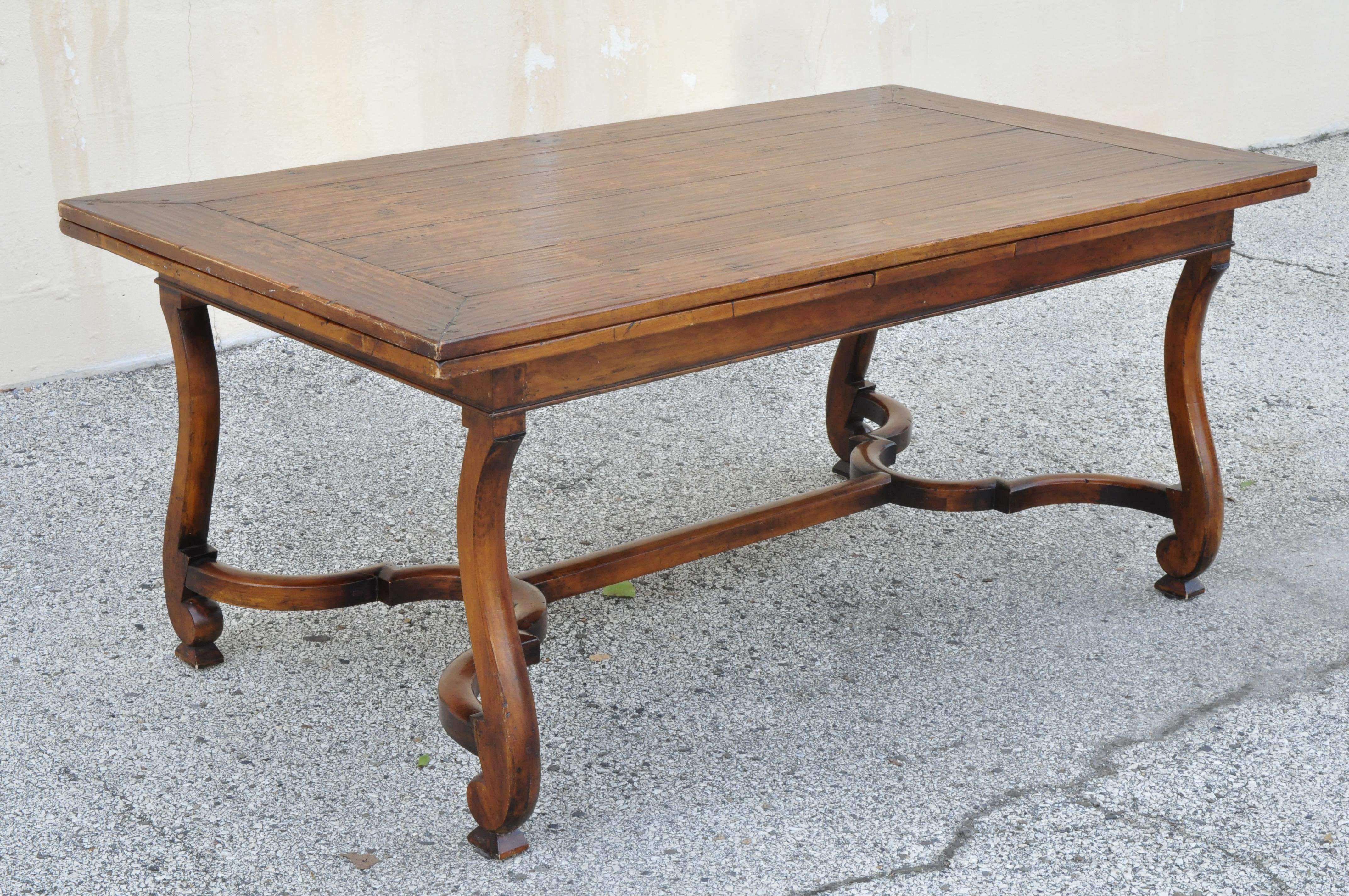 Henredon Acquisitions collections Orleans draw leaf dining room table. Listing includes 2 pullout / pull-out extension leaves, stretcher base, solid wood construction, beautiful wood grain, distressed finish, nicely carved details, original label,