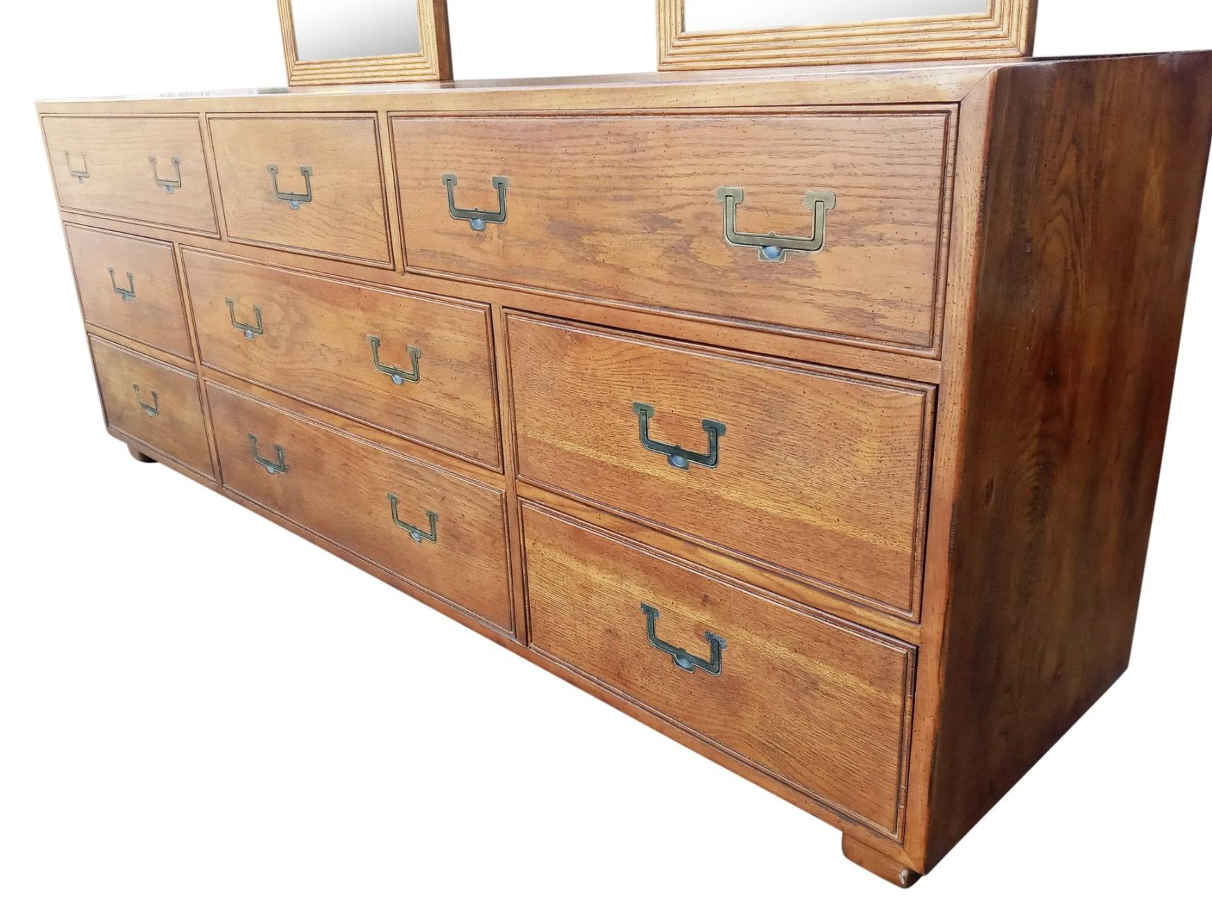 American Henredon Artefacts Collection Campaign Cabinet 9 Drawers Oak Brass Midcentury For Sale