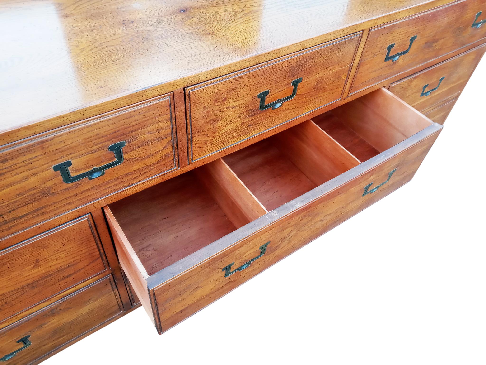 Henredon Artefacts Collection Campaign Cabinet 9 Drawers Oak Brass Mid-Century In Good Condition In Philadelphia, PA