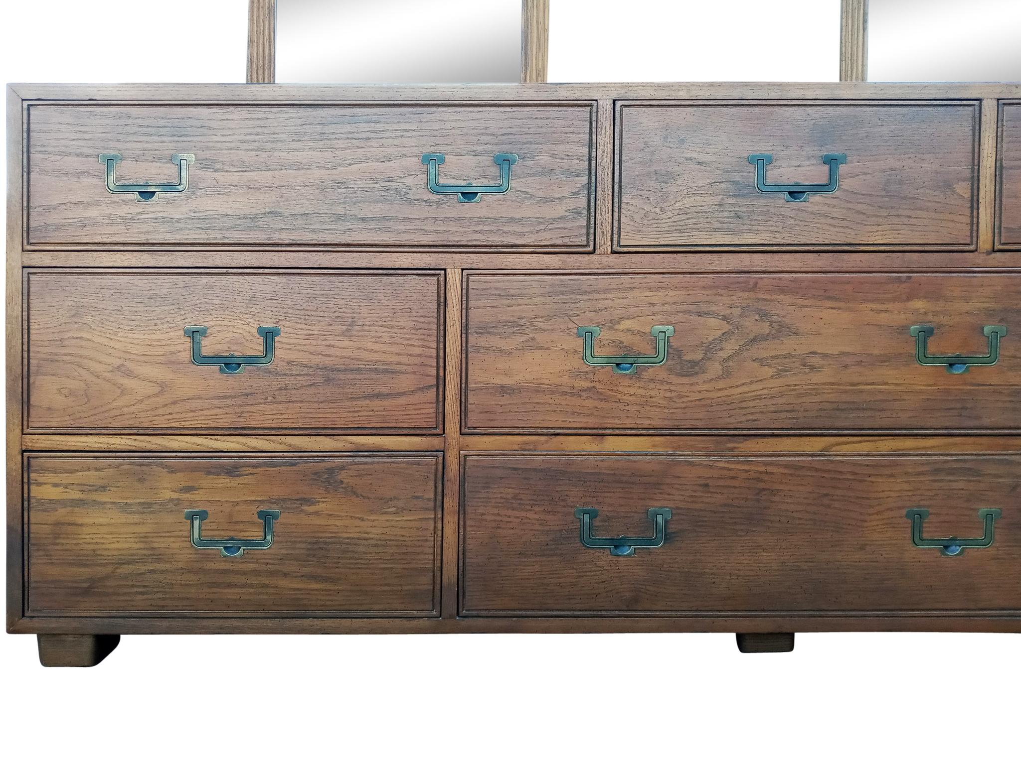 Mid-20th Century Henredon Artefacts Collection Campaign Cabinet 9 Drawers Oak Brass Mid-Century