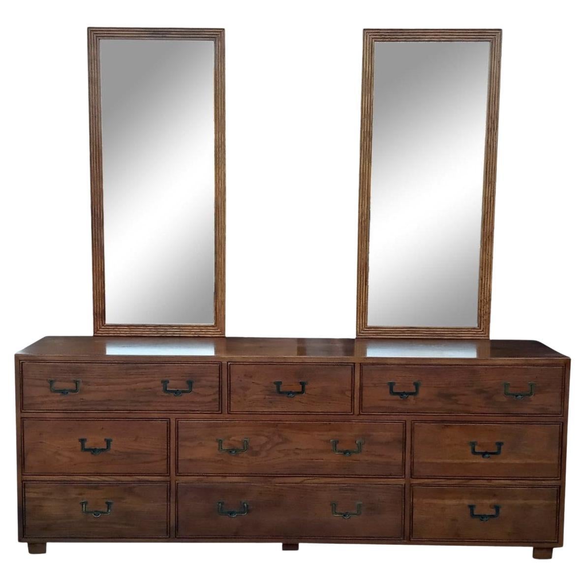 Henredon Artefacts Collection Campaign Cabinet 9 Drawers Oak Brass Midcentury For Sale