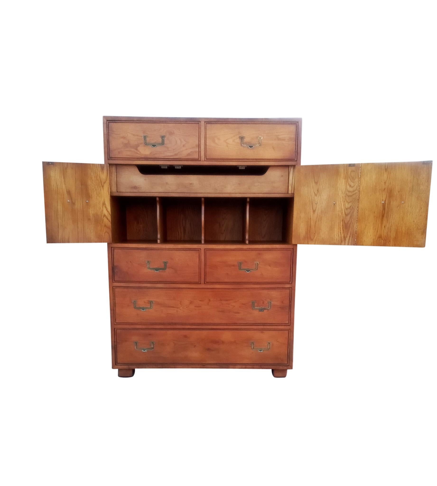 Mid-Century Modern Henredon Artefacts Collection Tall Campaign Cabinet Highboy Oak Brass Midcentury