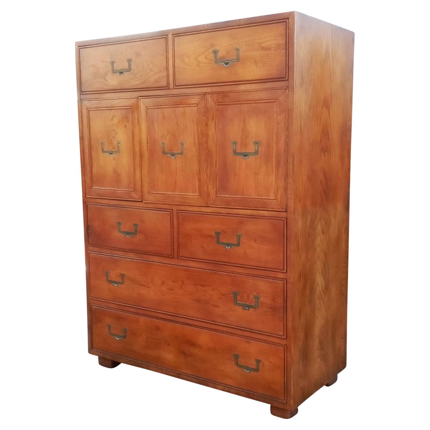 Henredon Artefacts Collection Tall Campaign Cabinet Highboy Oak Brass Midcentury