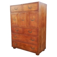 Vintage Henredon Artefacts Collection Tall Campaign Cabinet Highboy Oak Brass Midcentury