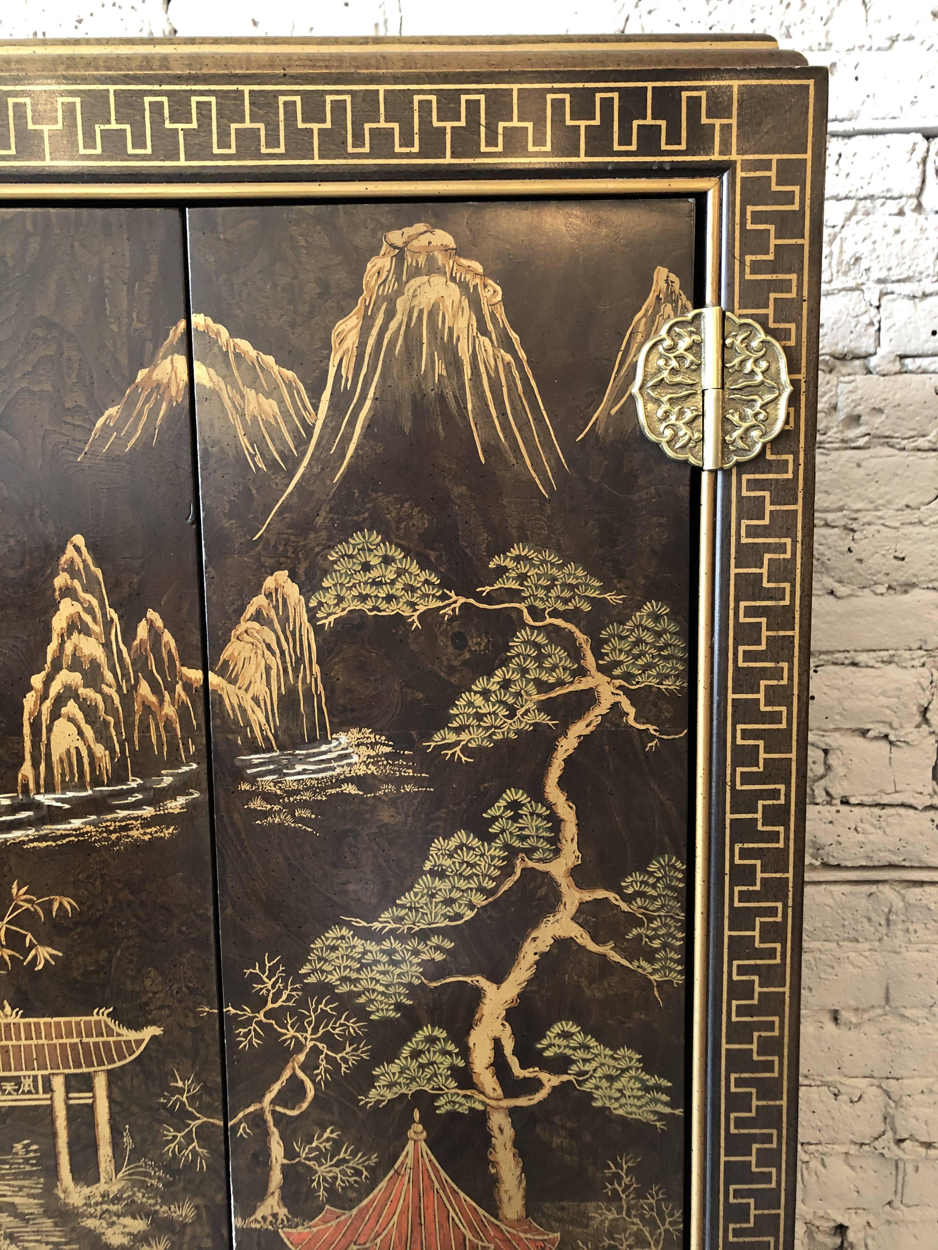 Henredon Asian Cabinet Armoire in Brown Wood In Good Condition In Chicago, IL