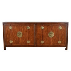Henredon Asian Hollywood Regency Style Walnut Four-Door Credenza or Sideboard