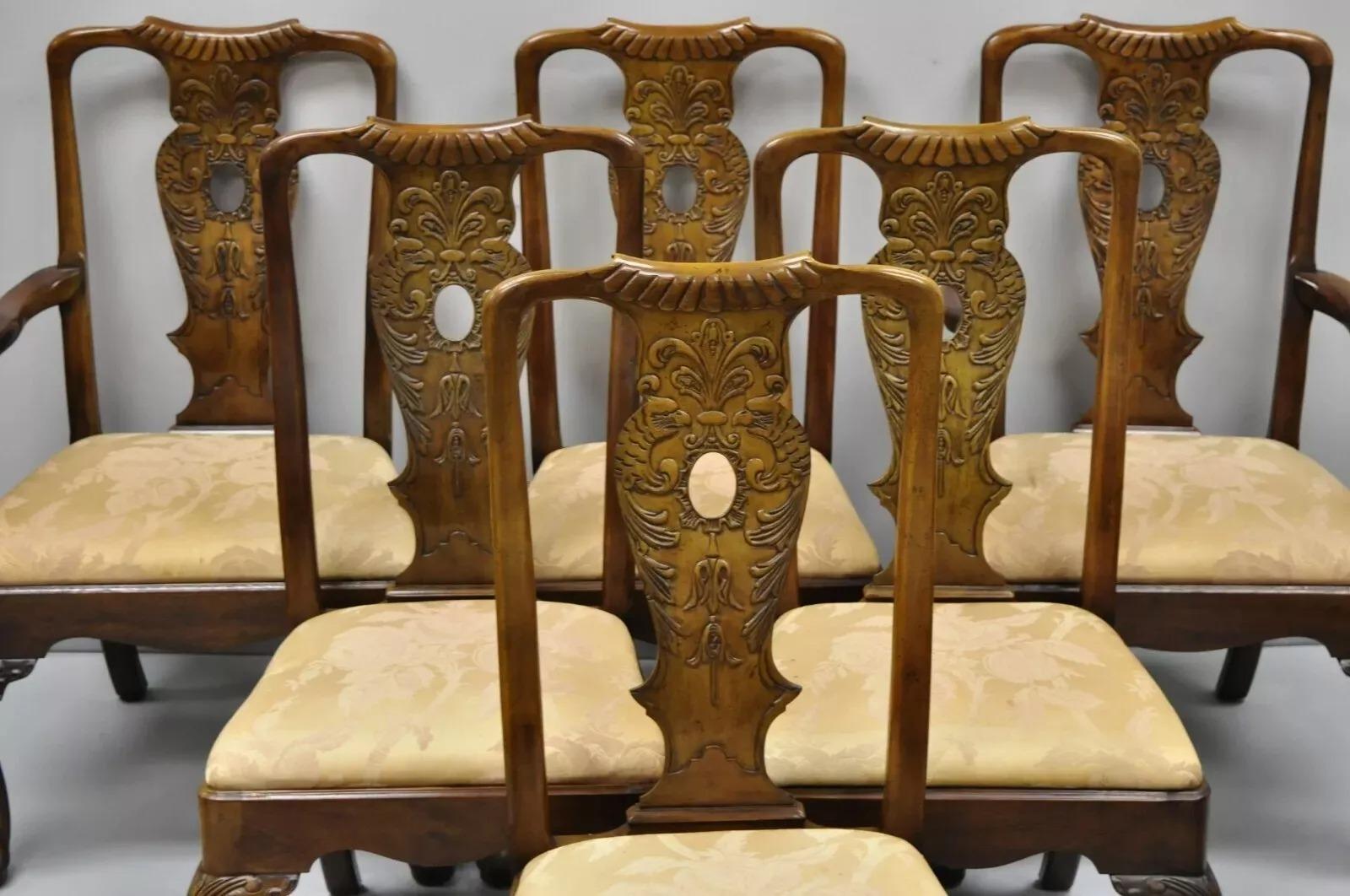 Vintage Henredon Aston Court - Sedie da pranzo in stile georgiano con uccelli - Set di 6. L'offerta comprende (2) poltrone, (4) sedie laterali, schienale con uccelli intagliati, gambe Queen Anne, ginocchia intagliate, finitura affilata, base a