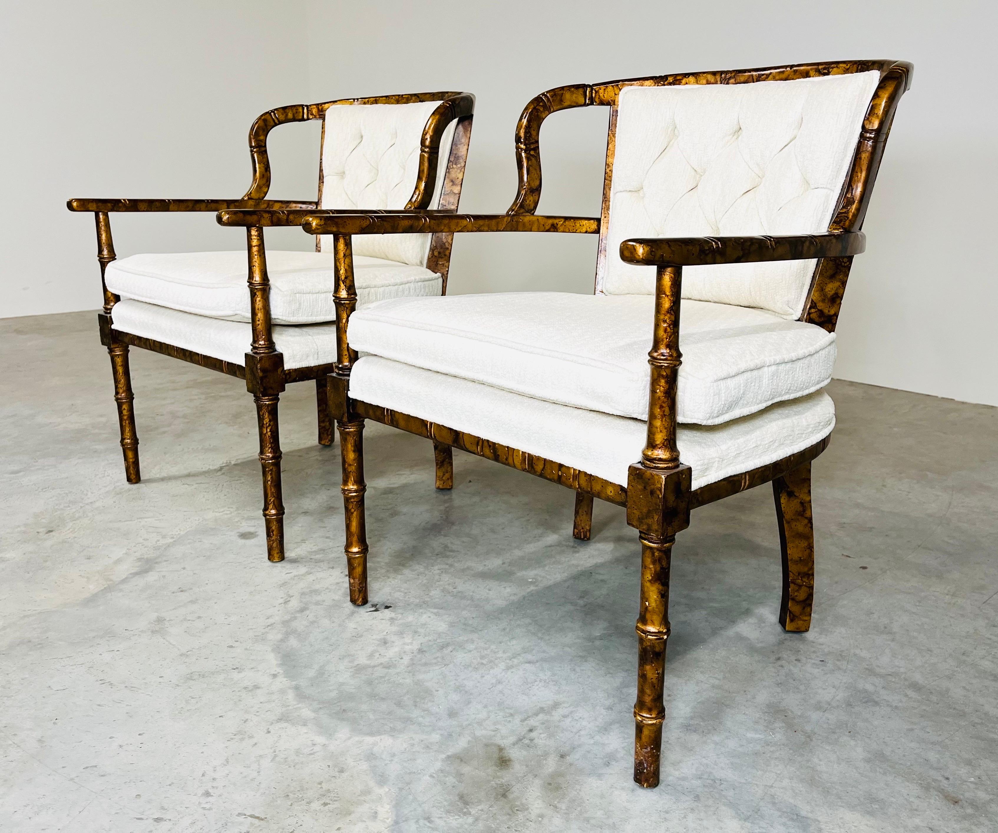 Hollywood Regency Henredon Attributed Faux Bamboo Tortoise Occasional Armchairs For Sale