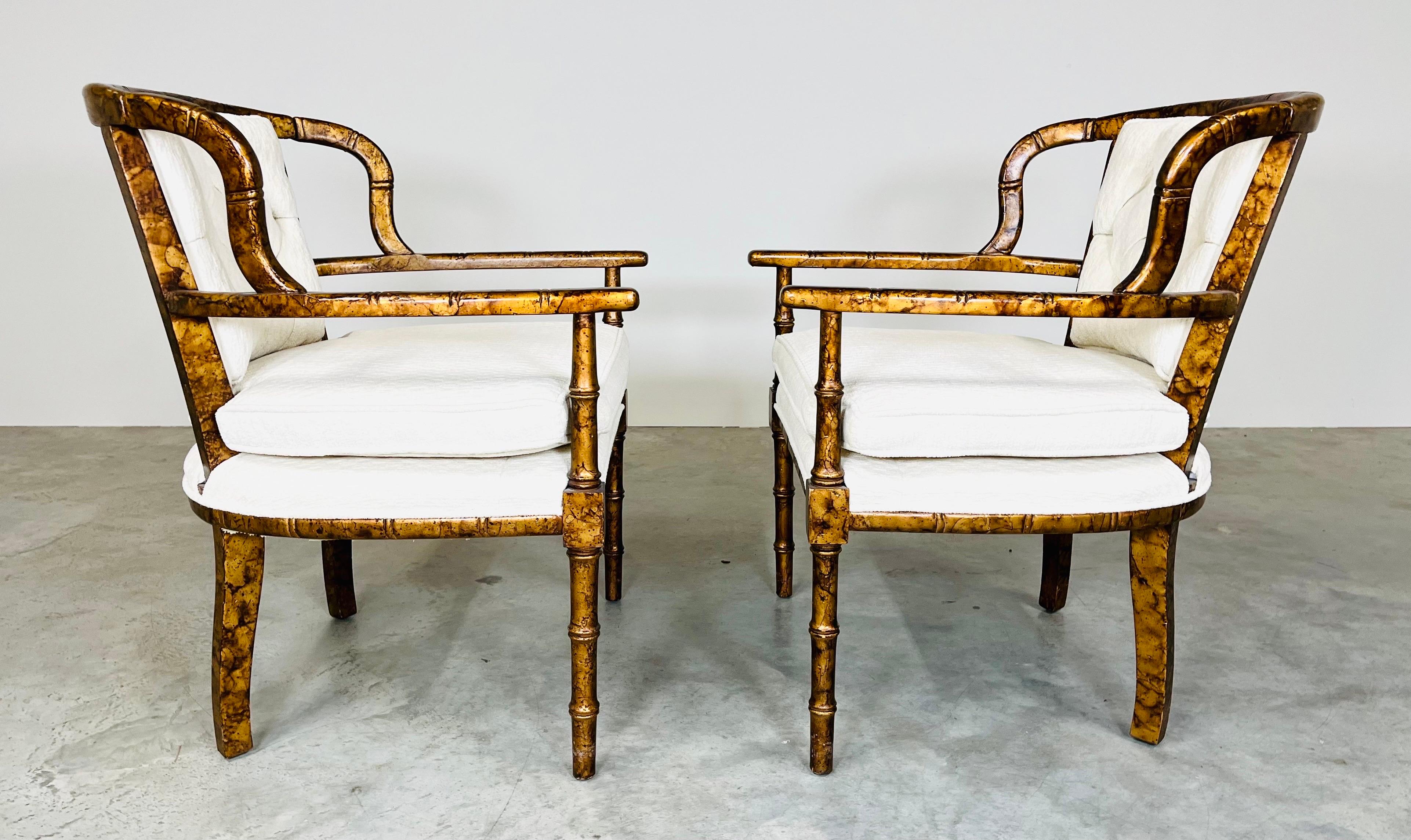 Carved Henredon Attributed Faux Bamboo Tortoise Occasional Armchairs For Sale