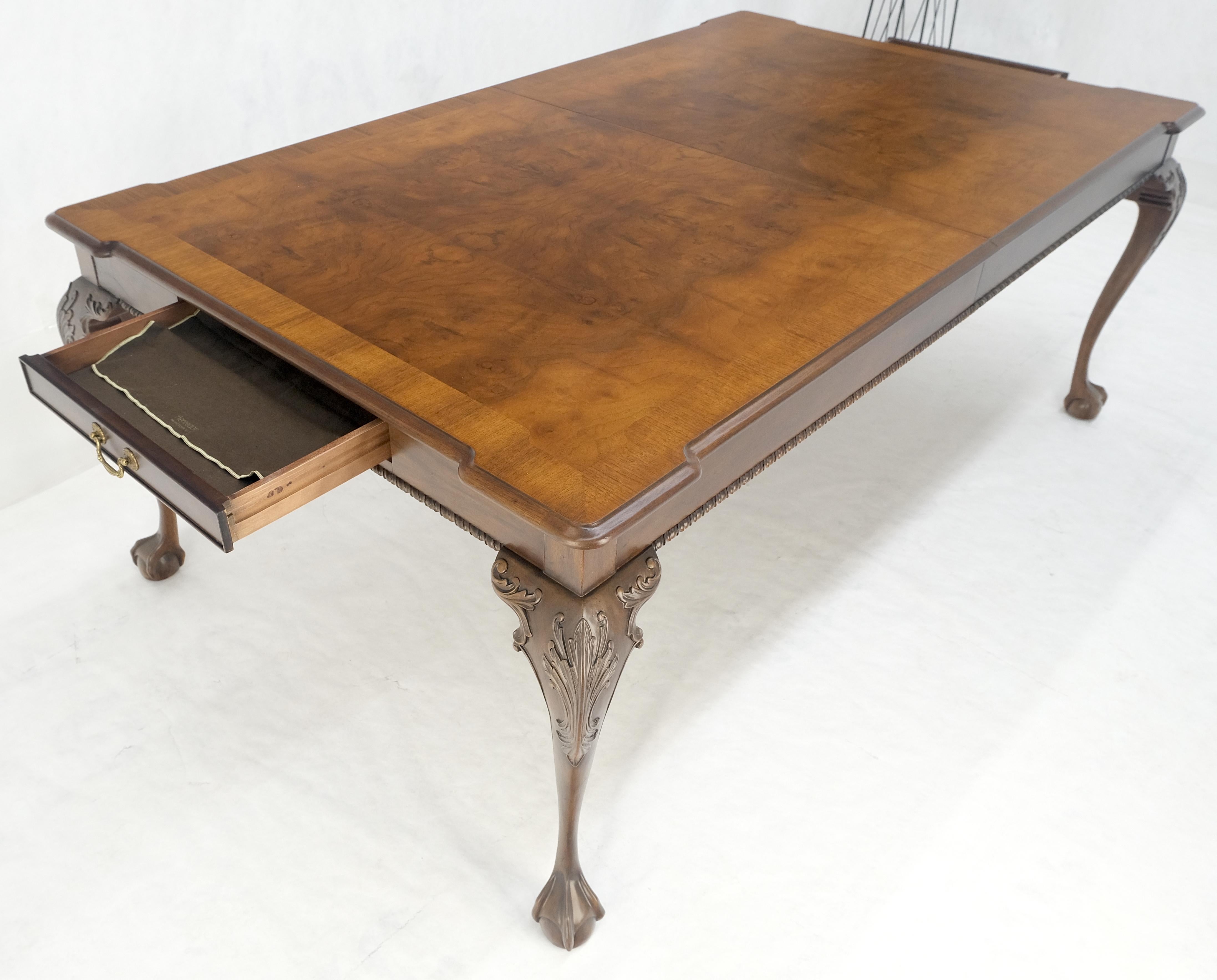Henredon Banded Burl Walnut Ball & Claw Feet Chippendale Dining Table 2 Ext MINT For Sale 6
