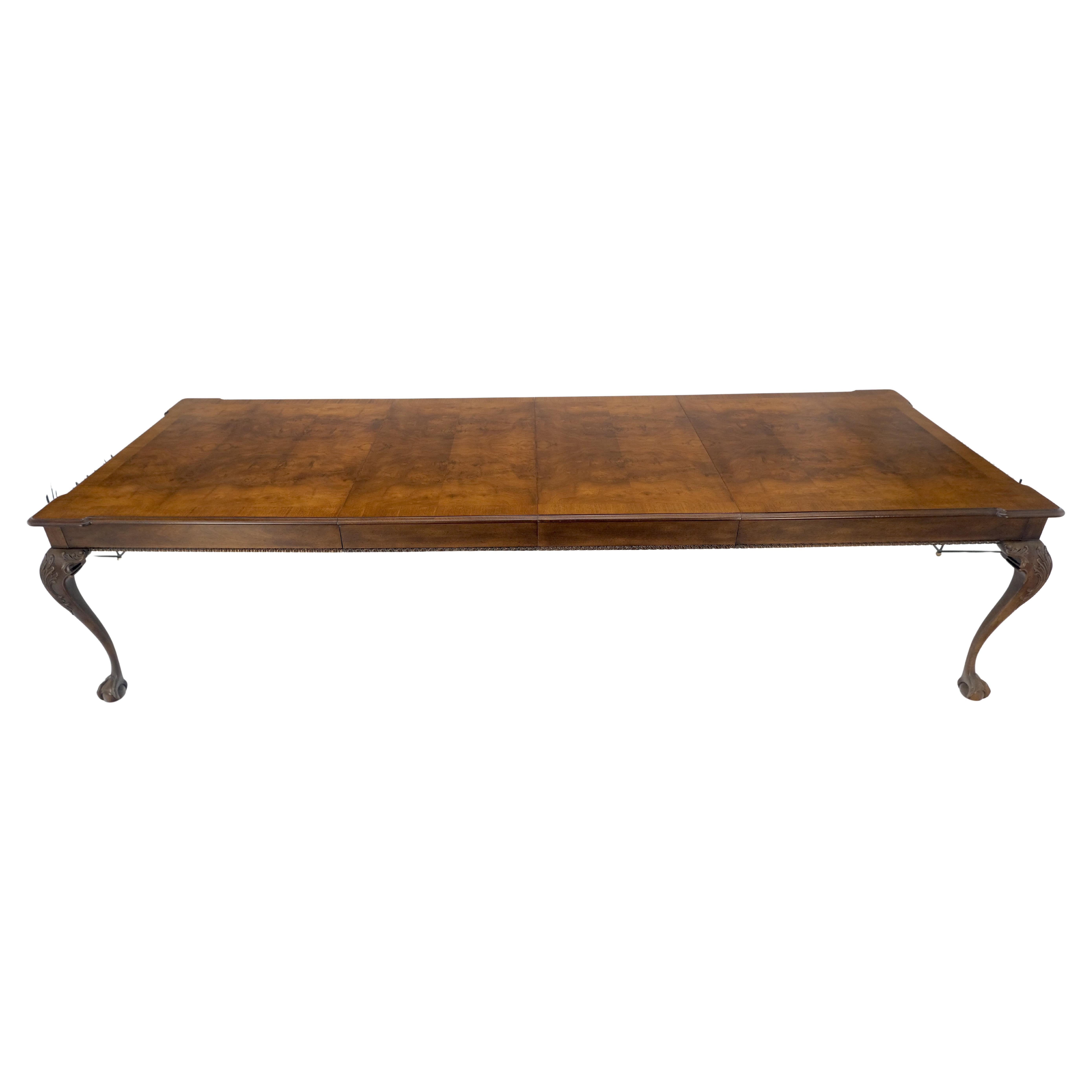 American Henredon Banded Burl Walnut Ball & Claw Feet Chippendale Dining Table 2 Ext MINT For Sale