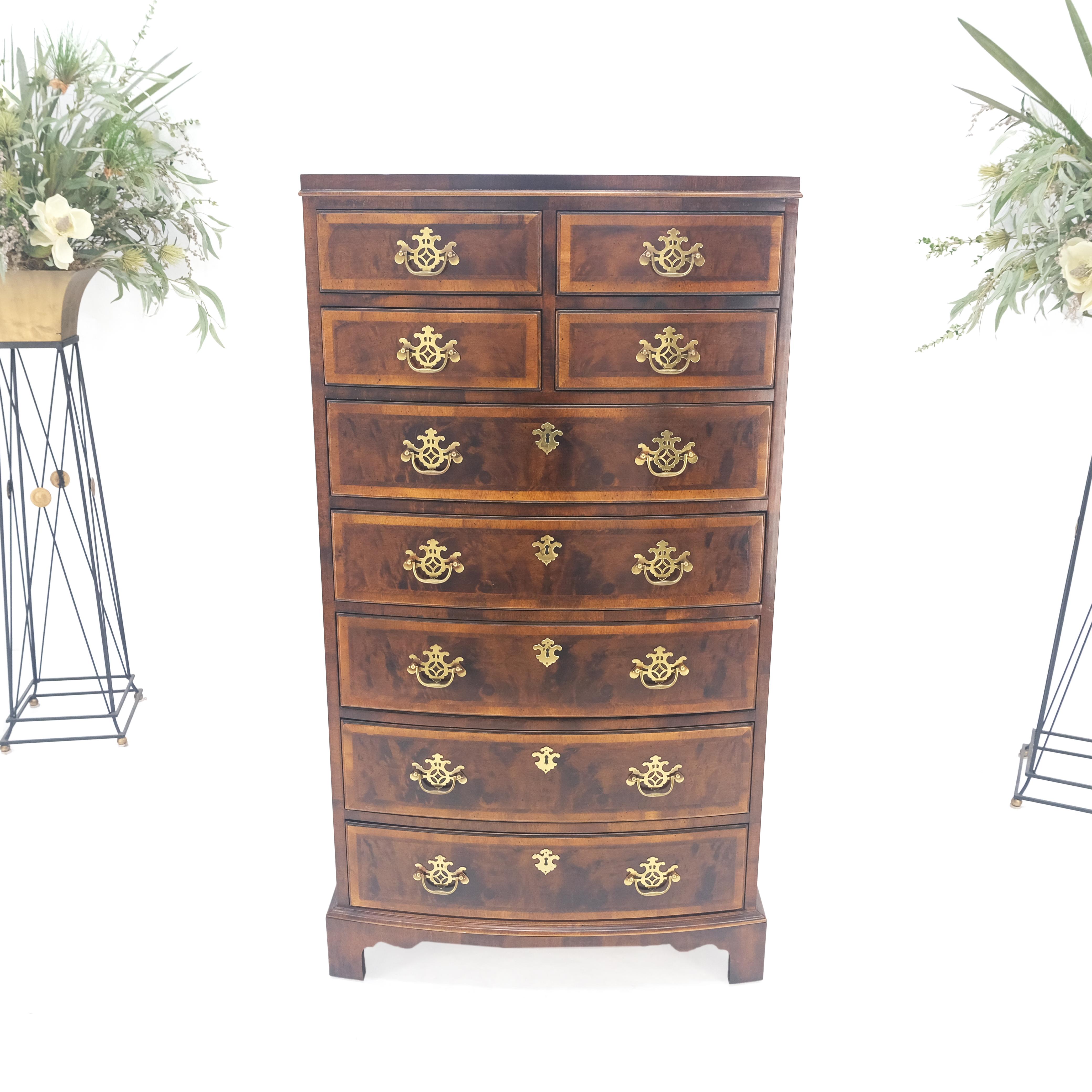 20th Century Henredon Banded Mahogany 9 Drawers Chippendale Style High Chest Dresser MINT! For Sale