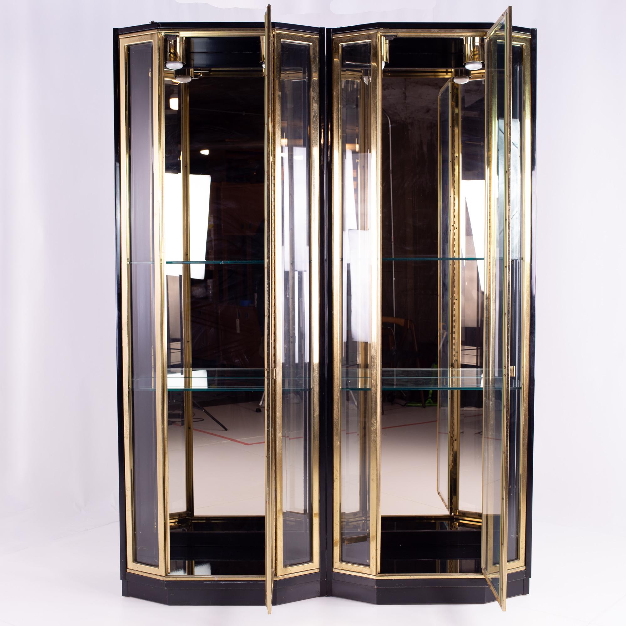 Henredon Black and Brass Mid Century Display Cabinets, Pair, Mcm 1