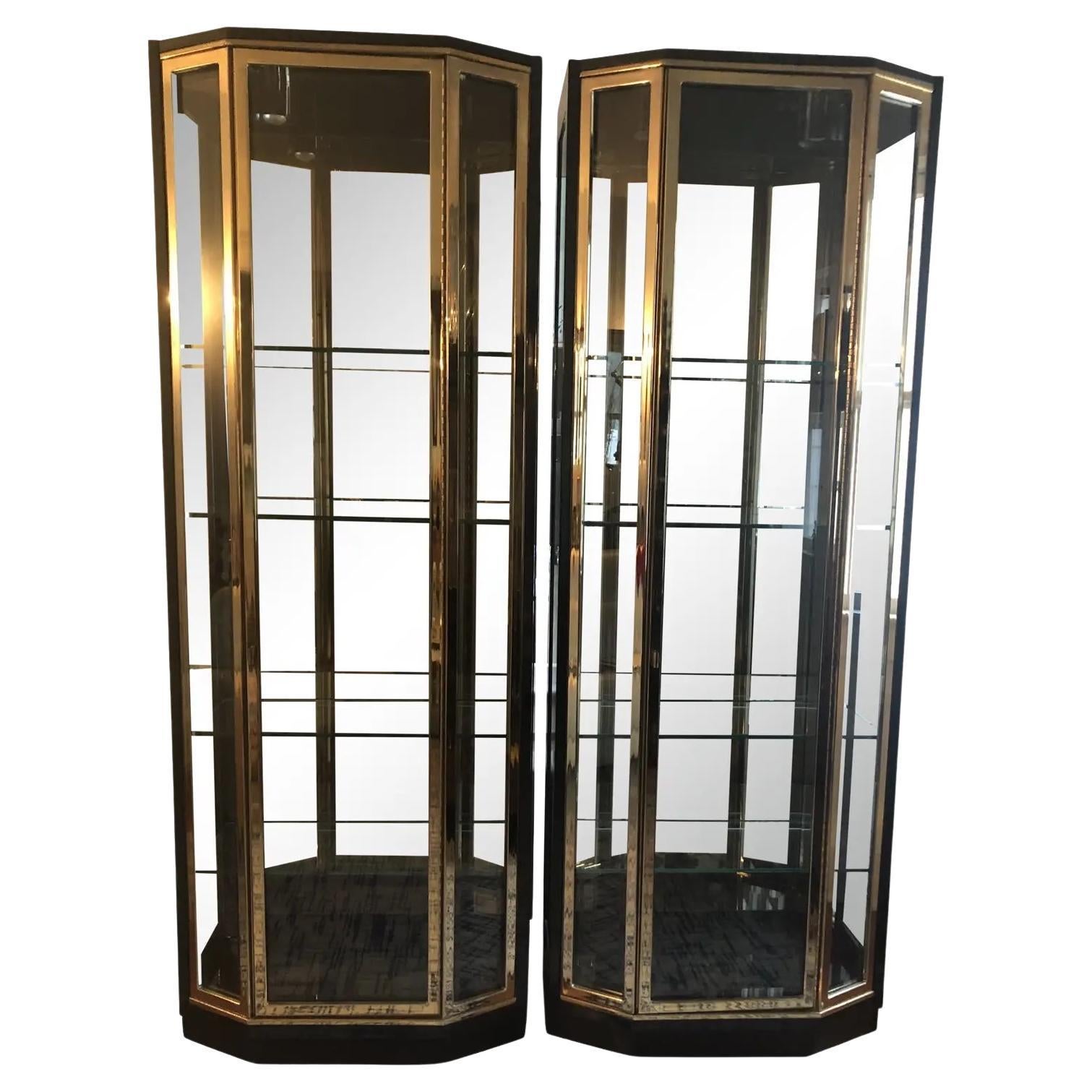 Henredon Black Lacquer and Brass Display Cabinets/Vitrines