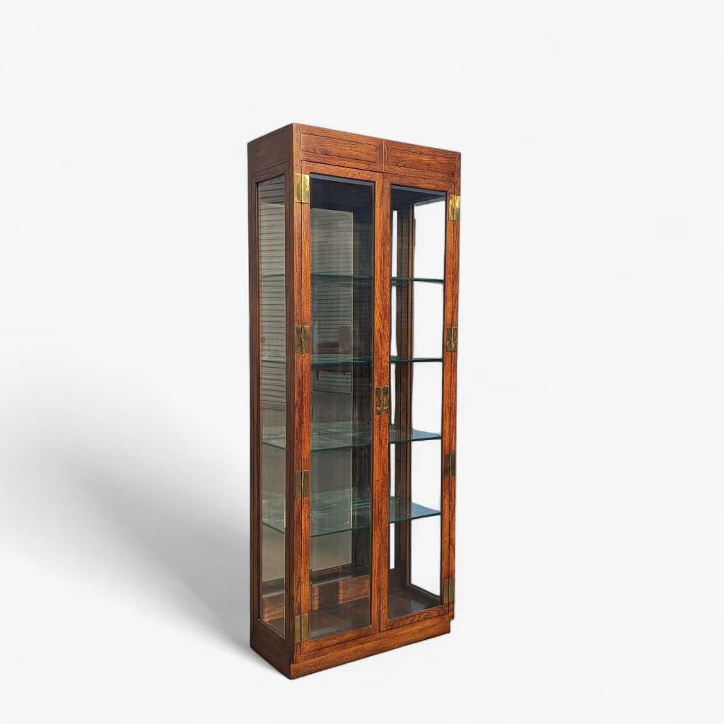Bibliothèque Henredon, étagère, bois de chêne, étagères en verre, panneaux miroir du milieu du siècle dernier en vente 4