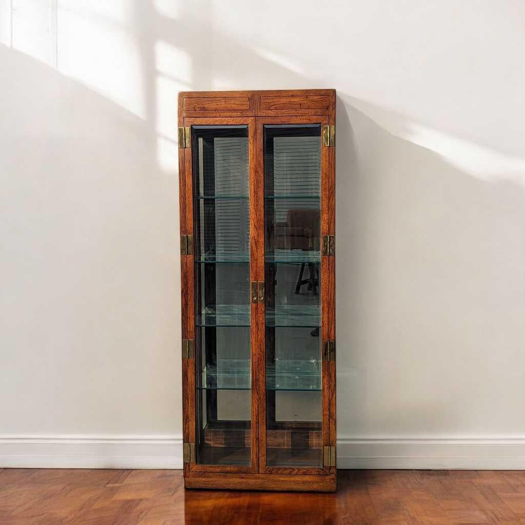 Inconnu Bibliothèque Henredon, étagère, bois de chêne, étagères en verre, panneaux miroir du milieu du siècle dernier en vente