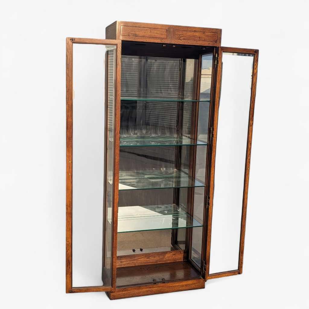 Bibliothèque Henredon, étagère, bois de chêne, étagères en verre, panneaux miroir du milieu du siècle dernier en vente 1