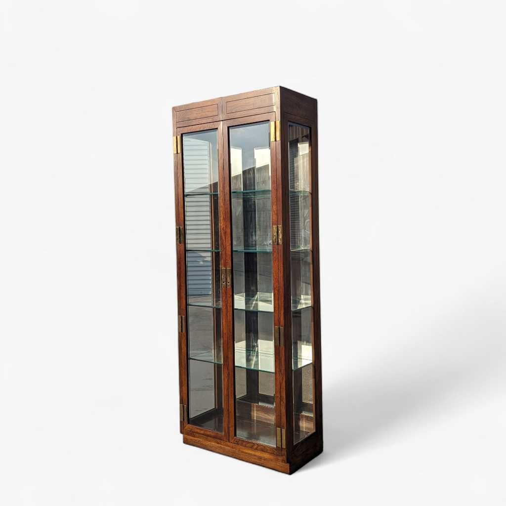 Bibliothèque Henredon, étagère, bois de chêne, étagères en verre, panneaux miroir du milieu du siècle dernier en vente 2
