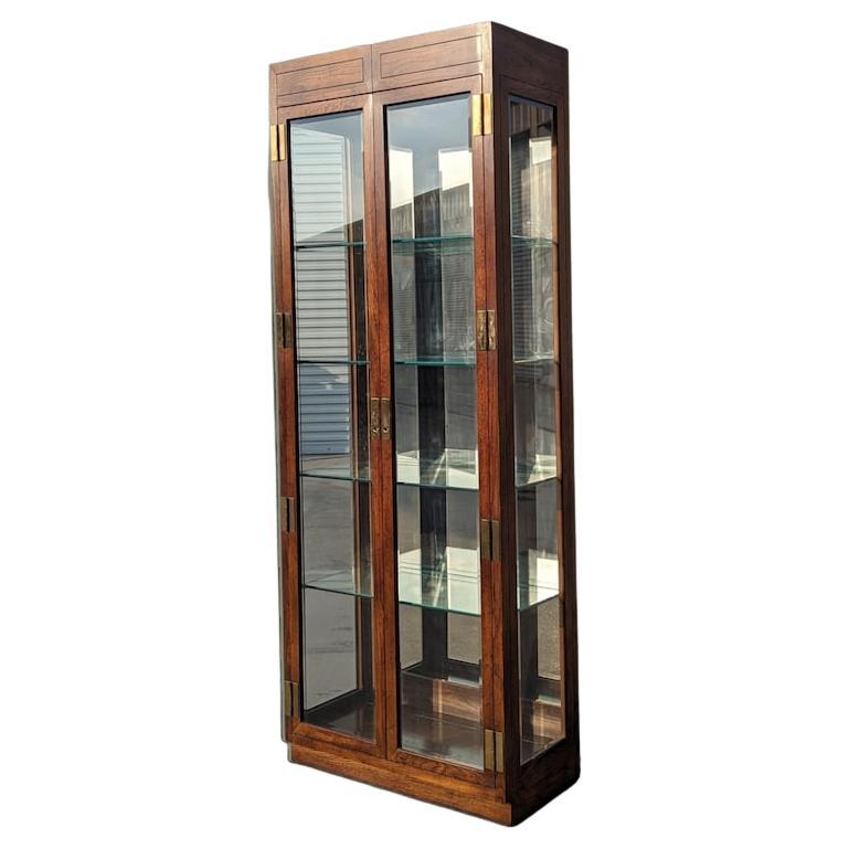 Henredon Bookcase, Etagere, Oak Wood, Glass Shelves, Mirrored panels Mid Century