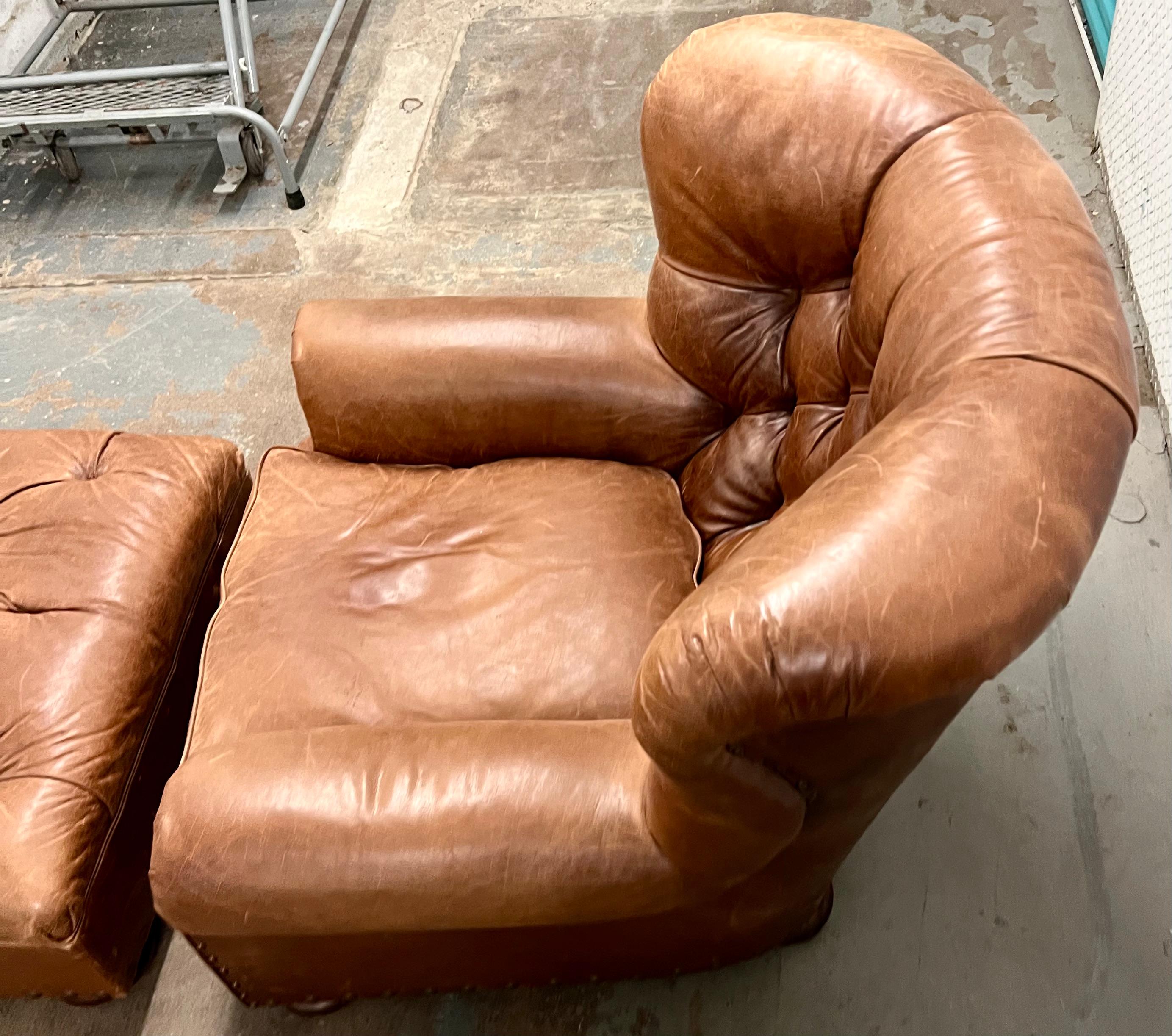 20th Century Henredon Brown Leather Writer's Lounge and Ottoman, Armchair, Iconic Club Chair