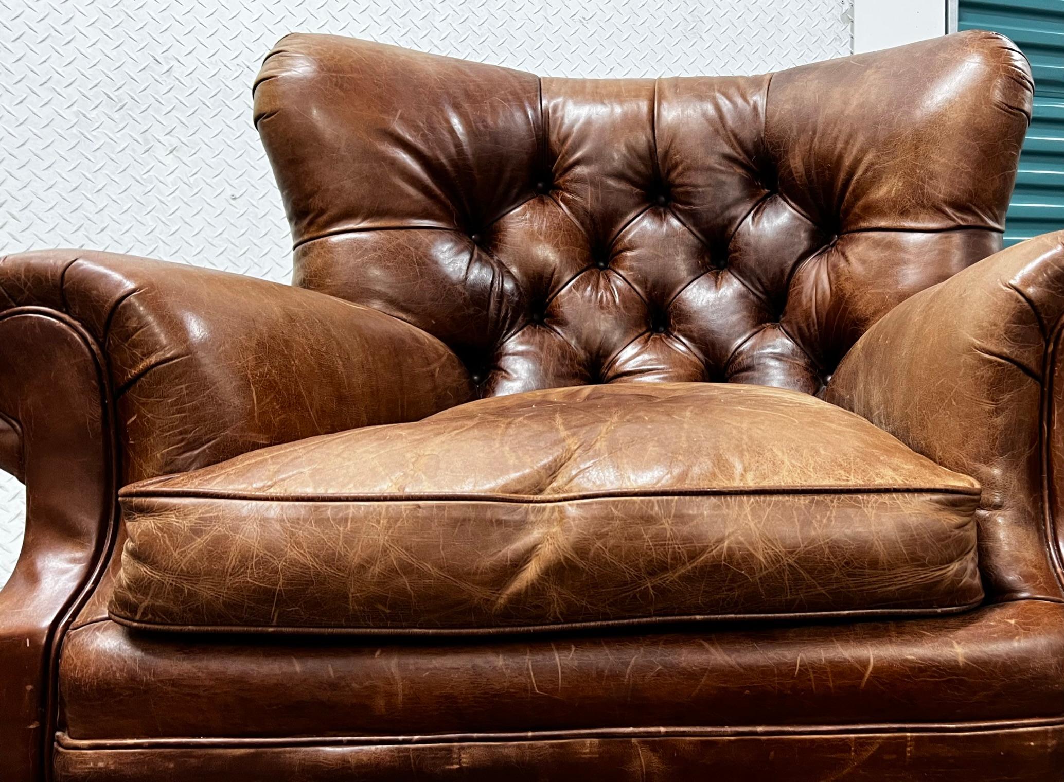 American Classical Henredon Brown Leather Writer's Lounge and Ottoman, Armchair, Iconic Club Chair