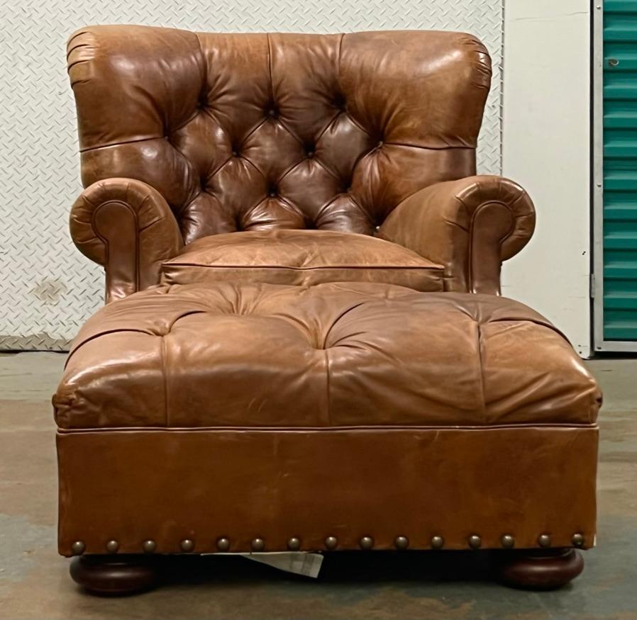 American Henredon Brown Leather Writer's Lounge and Ottoman, Armchair, Iconic Club Chair