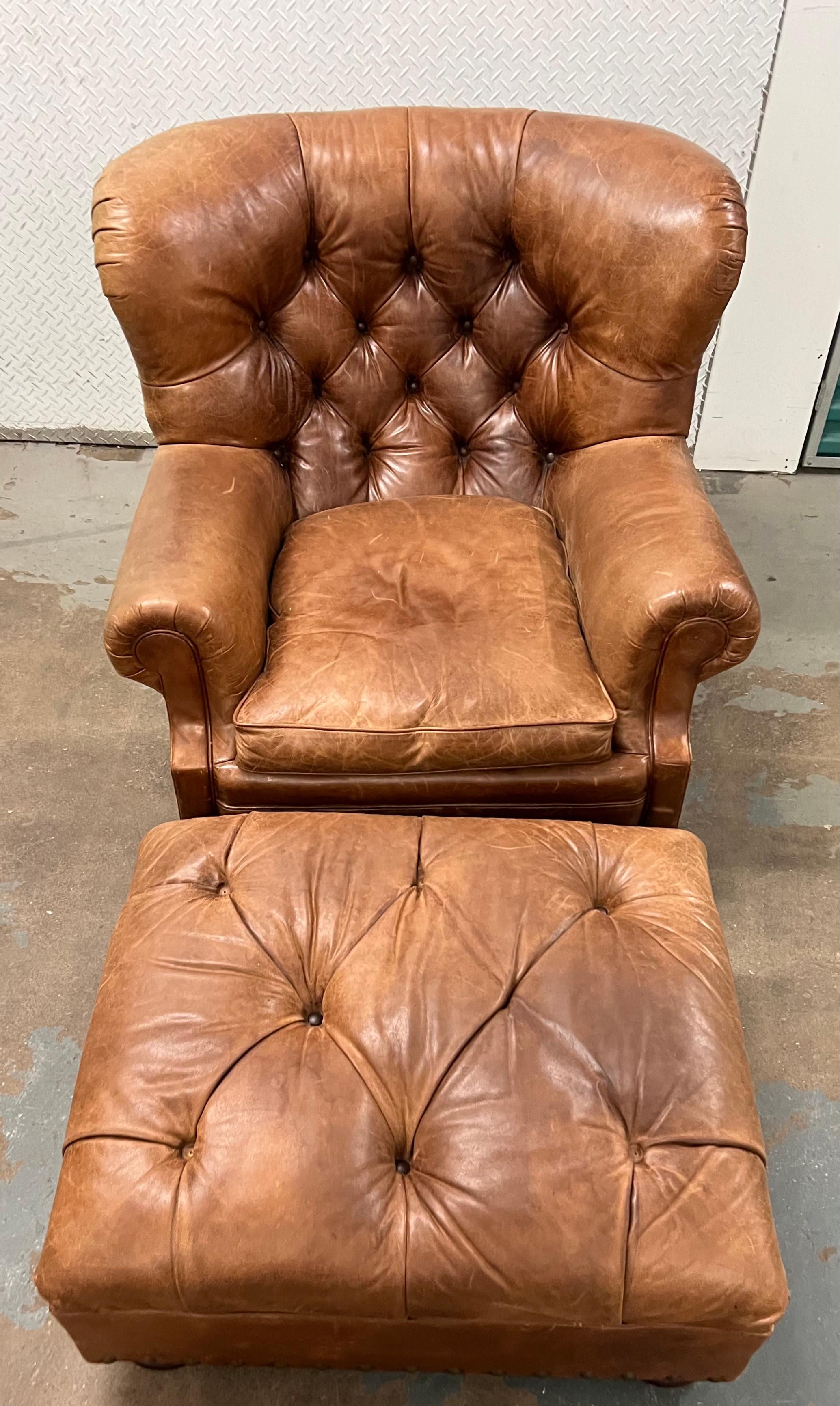 Henredon Brown Leather Writer's Lounge and Ottoman, Armchair, Iconic Club Chair In Good Condition In Brooklyn, NY