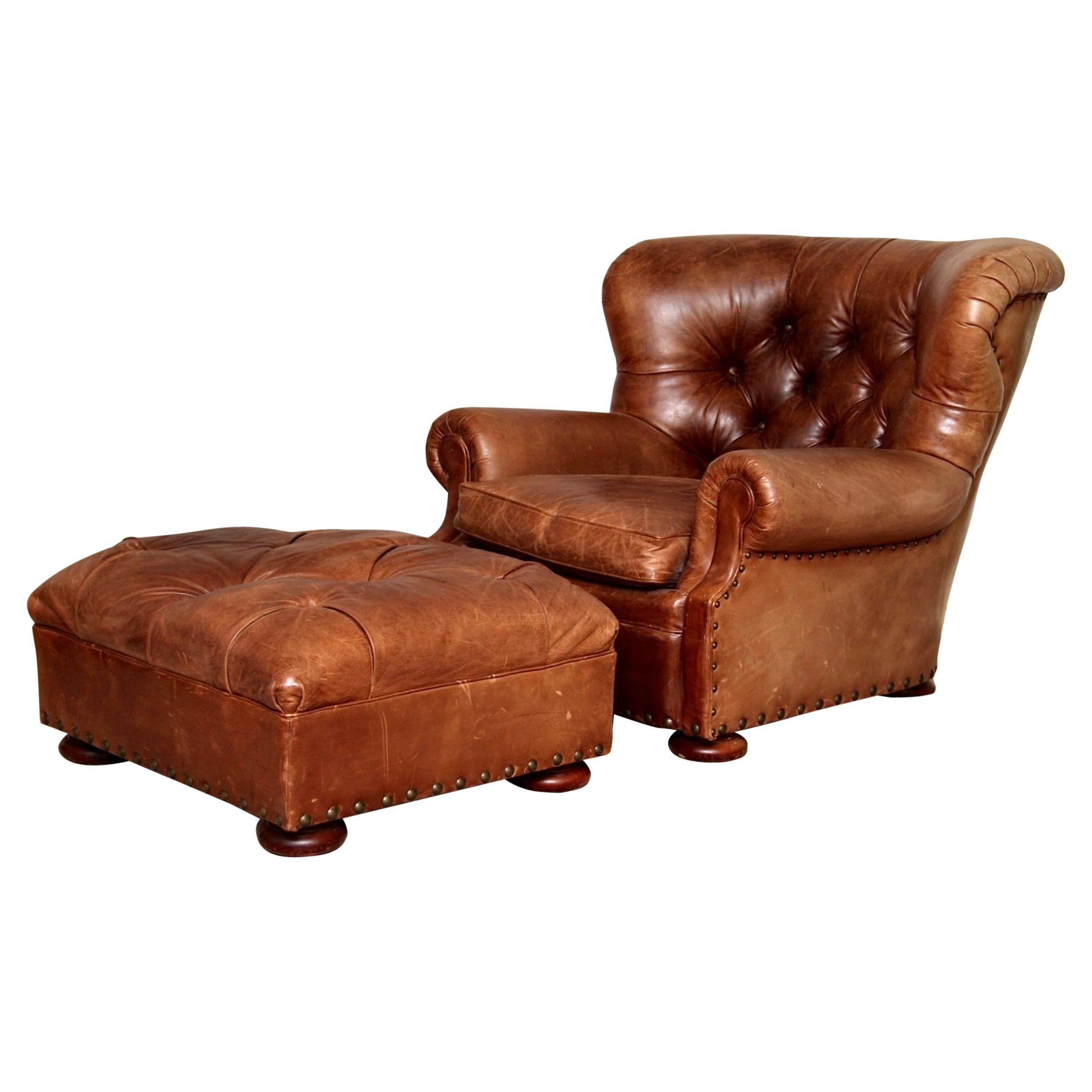 Henredon Brown Leather Writer's Lounge and Ottoman, Armchair, Iconic Club Chair