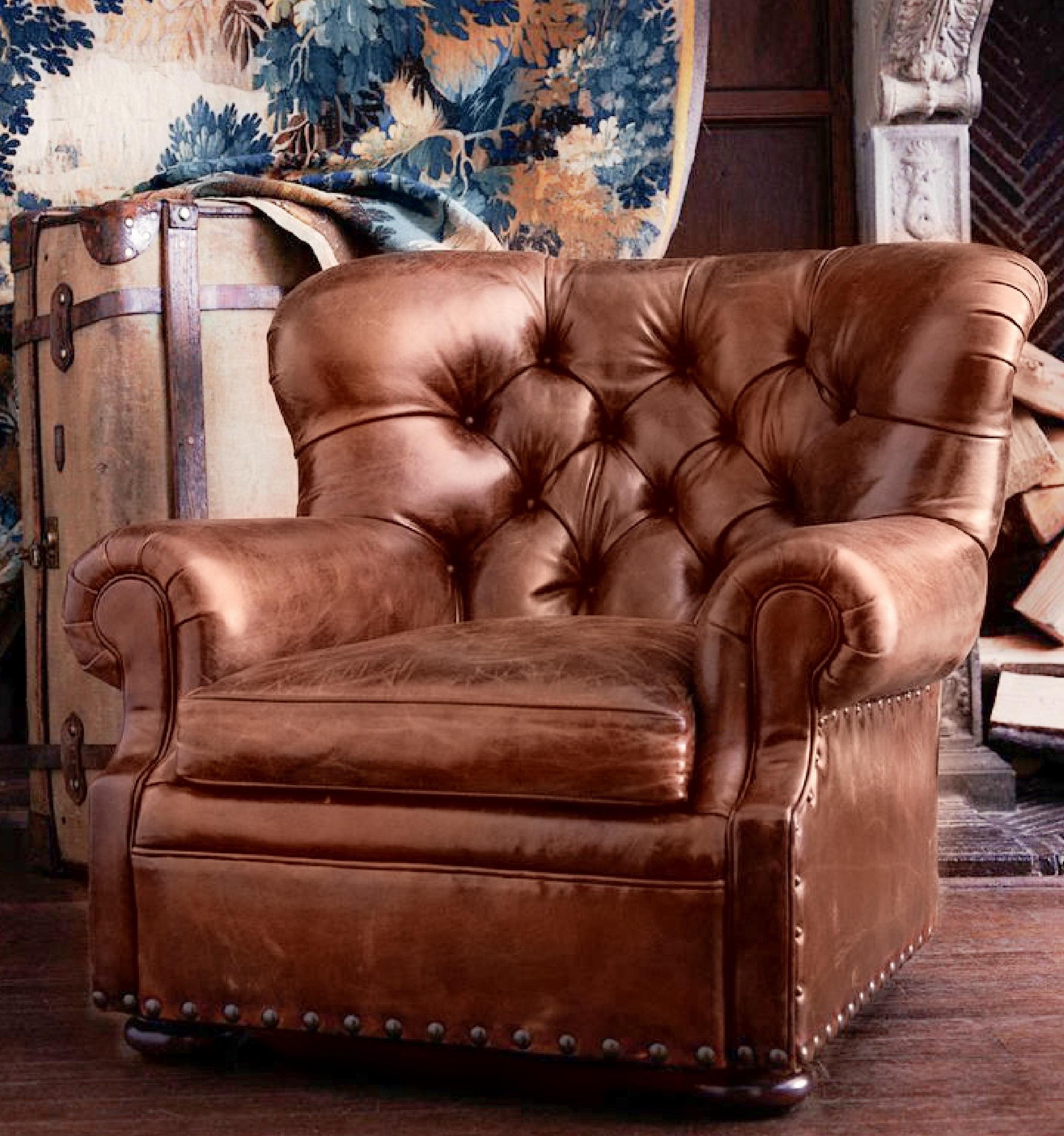 Henredon Brown Leather Writer's Lounge, Armchair, Red Velvet Floral Ottoman In Good Condition In Brooklyn, NY