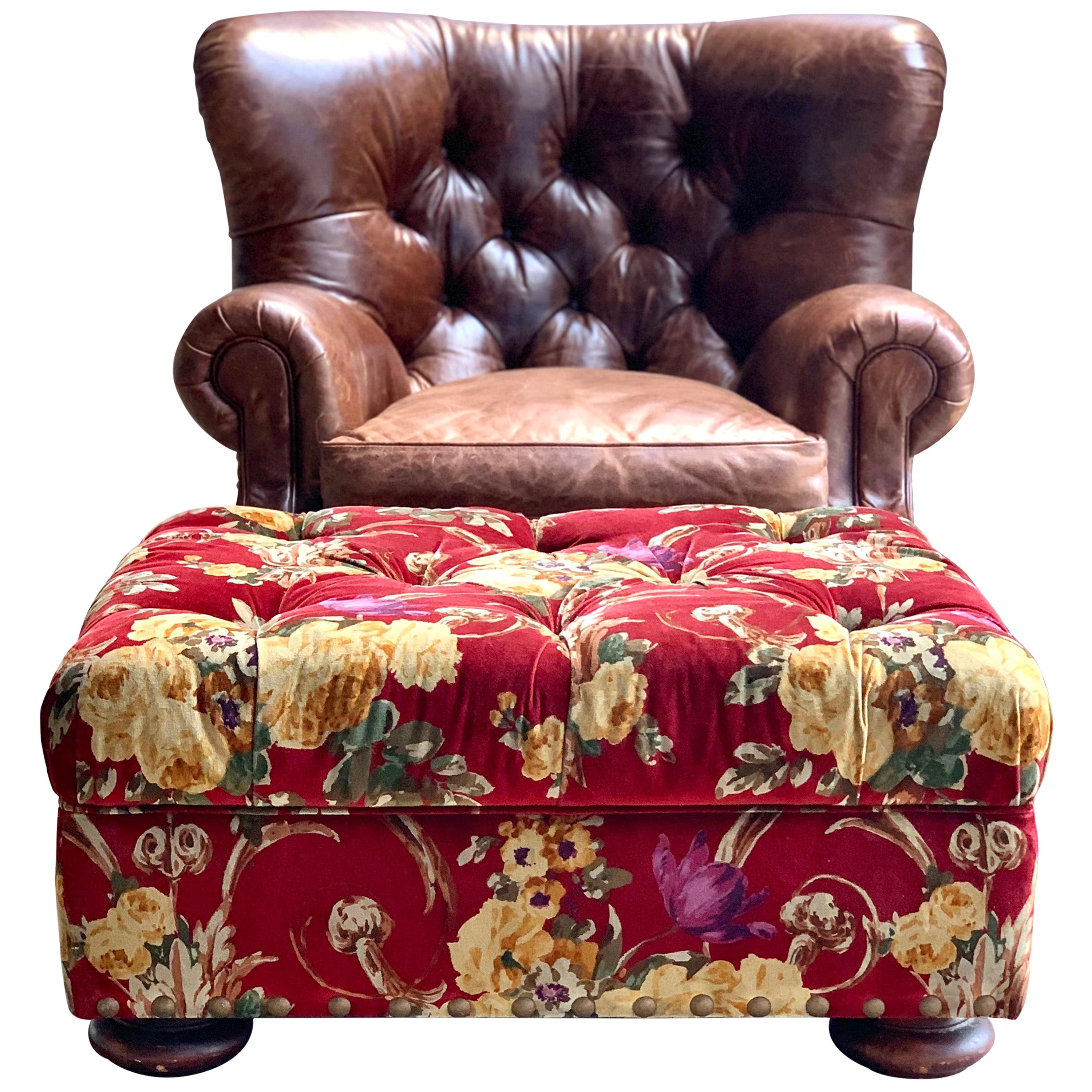 Henredon Brown Leather Writer's Lounge, Armchair, Red Velvet Floral Ottoman